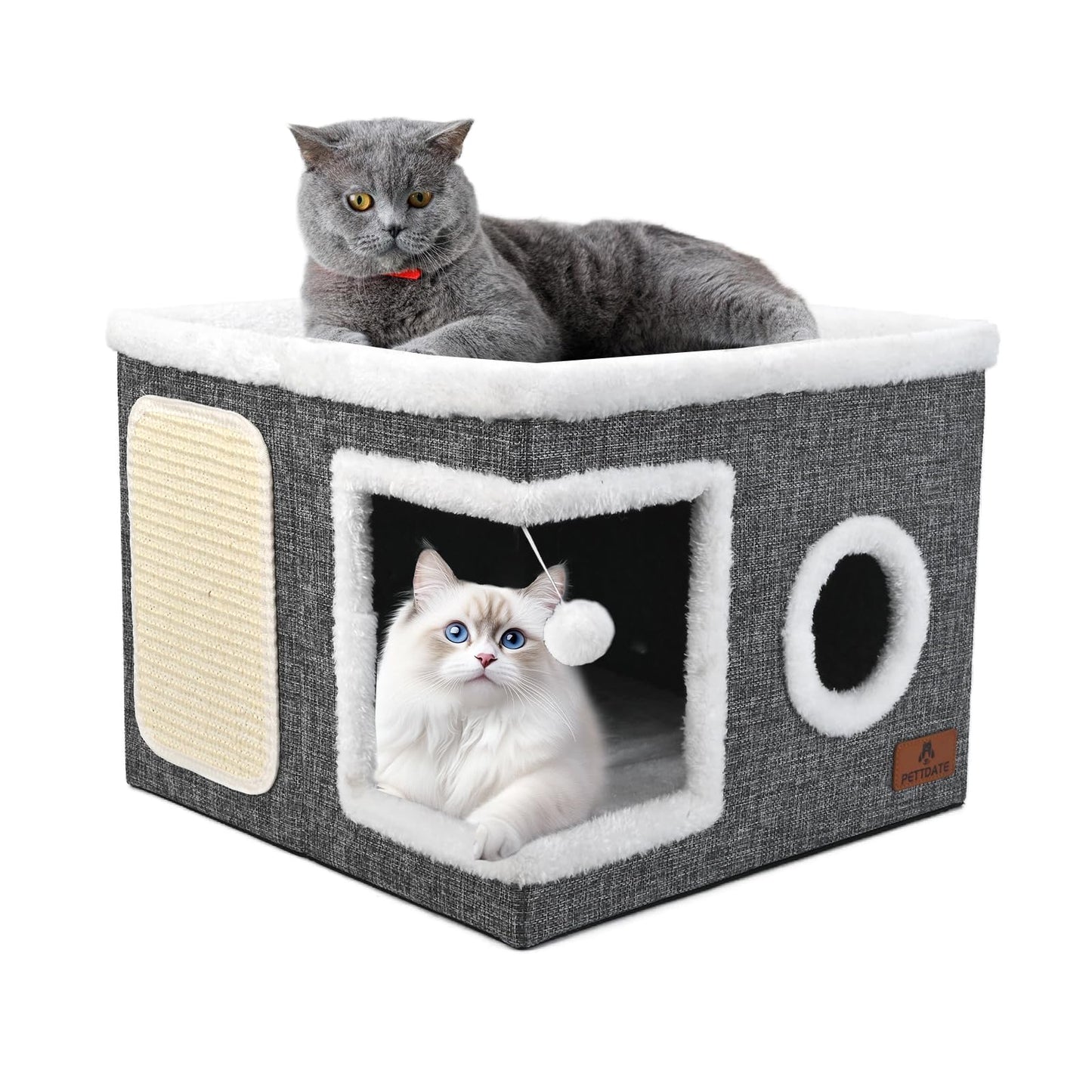 Cat House for Indoor Cats, Foldable Cat Bed with Scratch Pad and Fluffy Ball, Large Cat Cave 2 in1 Cat Hideaway with Reversible Cushion for Multi Small Pet, Grey