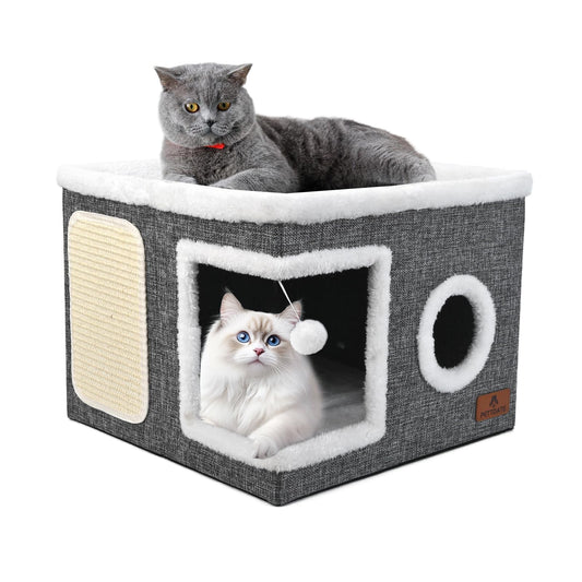 Cat House for Indoor Cats, Foldable Cat Bed with Scratch Pad and Fluffy Ball, Large Cat Cave 2 in1 Cat Hideaway with Reversible Cushion for Multi Small Pet, Grey