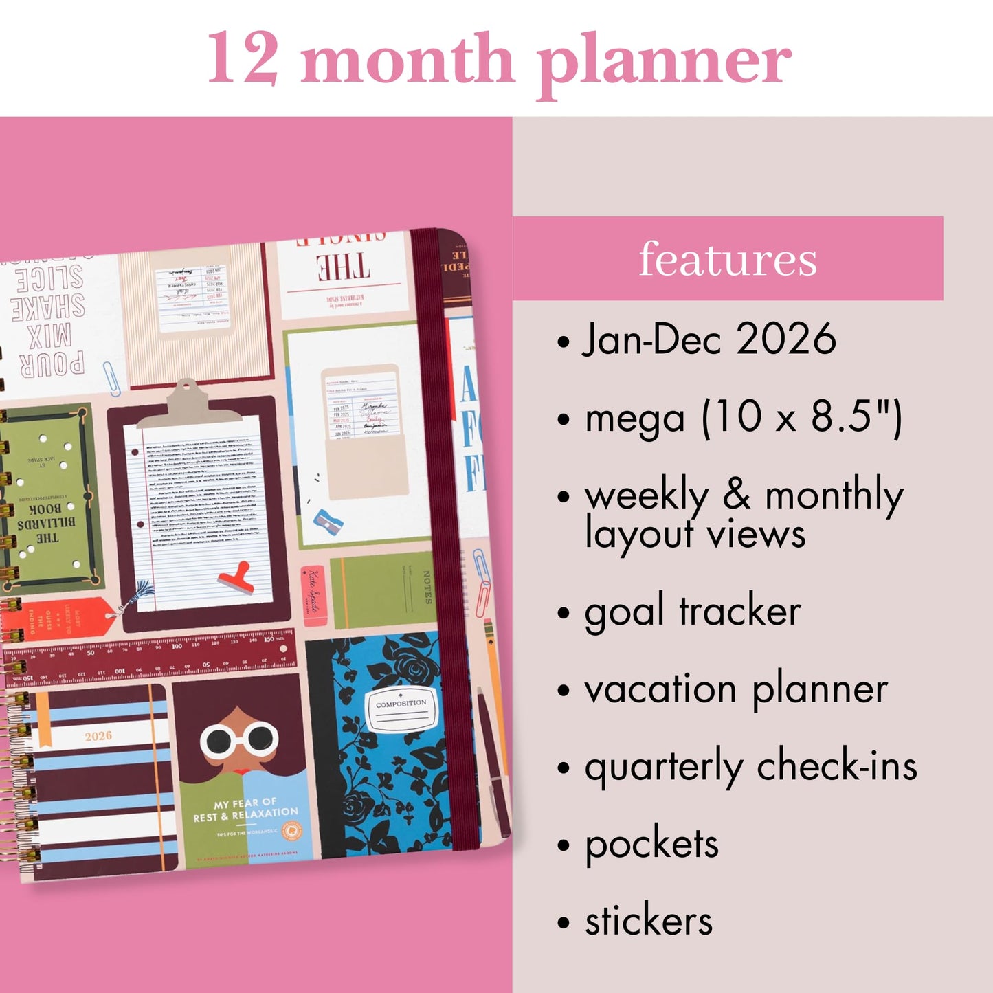 kate spade new york Daily Planner 2026 Mega Agenda January - December 2026, Hardcover Weekly and Monthly Spiral Planner with Stickers (Book Club)