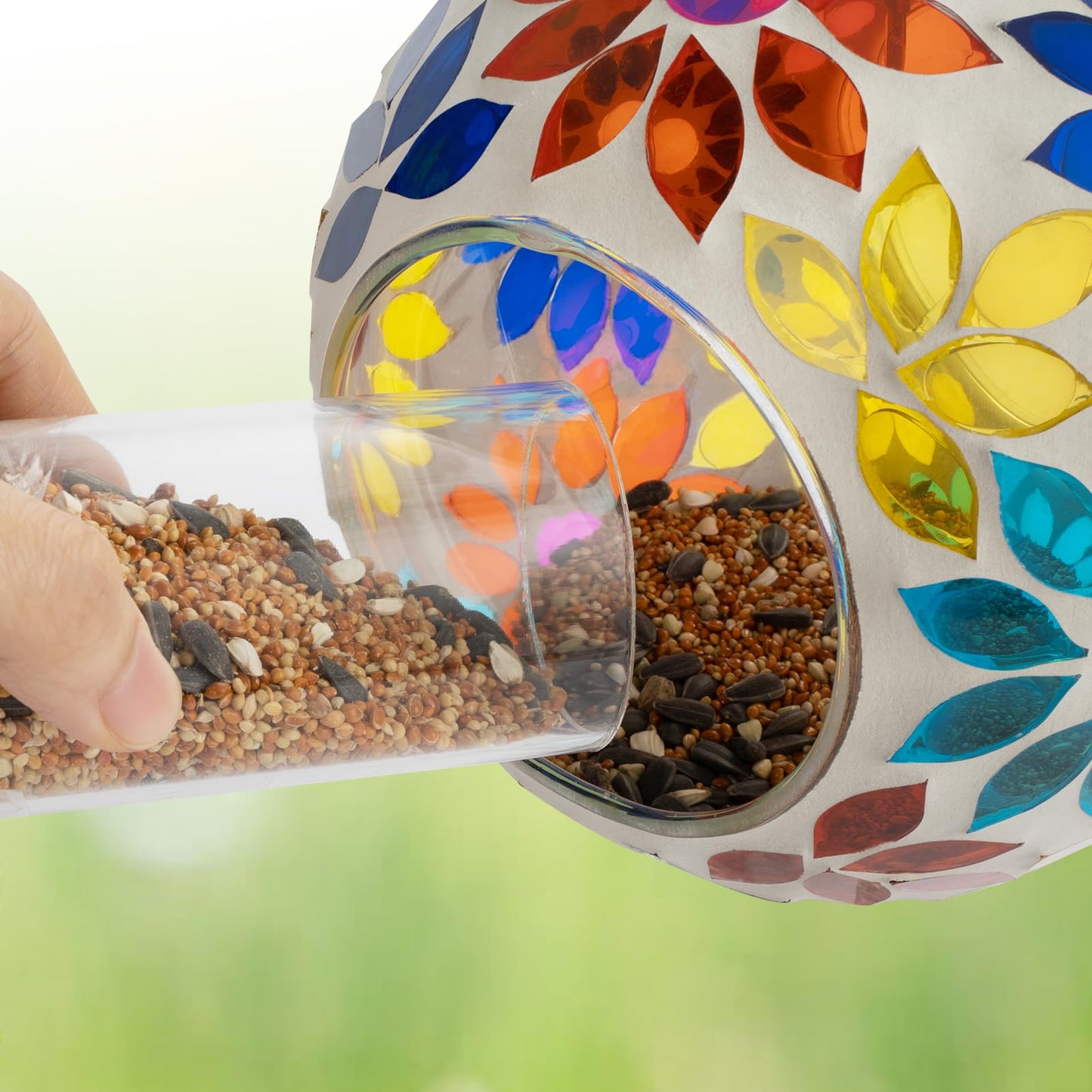 Backyard Expressions Hanging Glass Bird Feeder - Multicolor - Fly Through Bird Feeders for Outside, Mosaic Bird Feeder, Round Shape Wild Birdfeeder