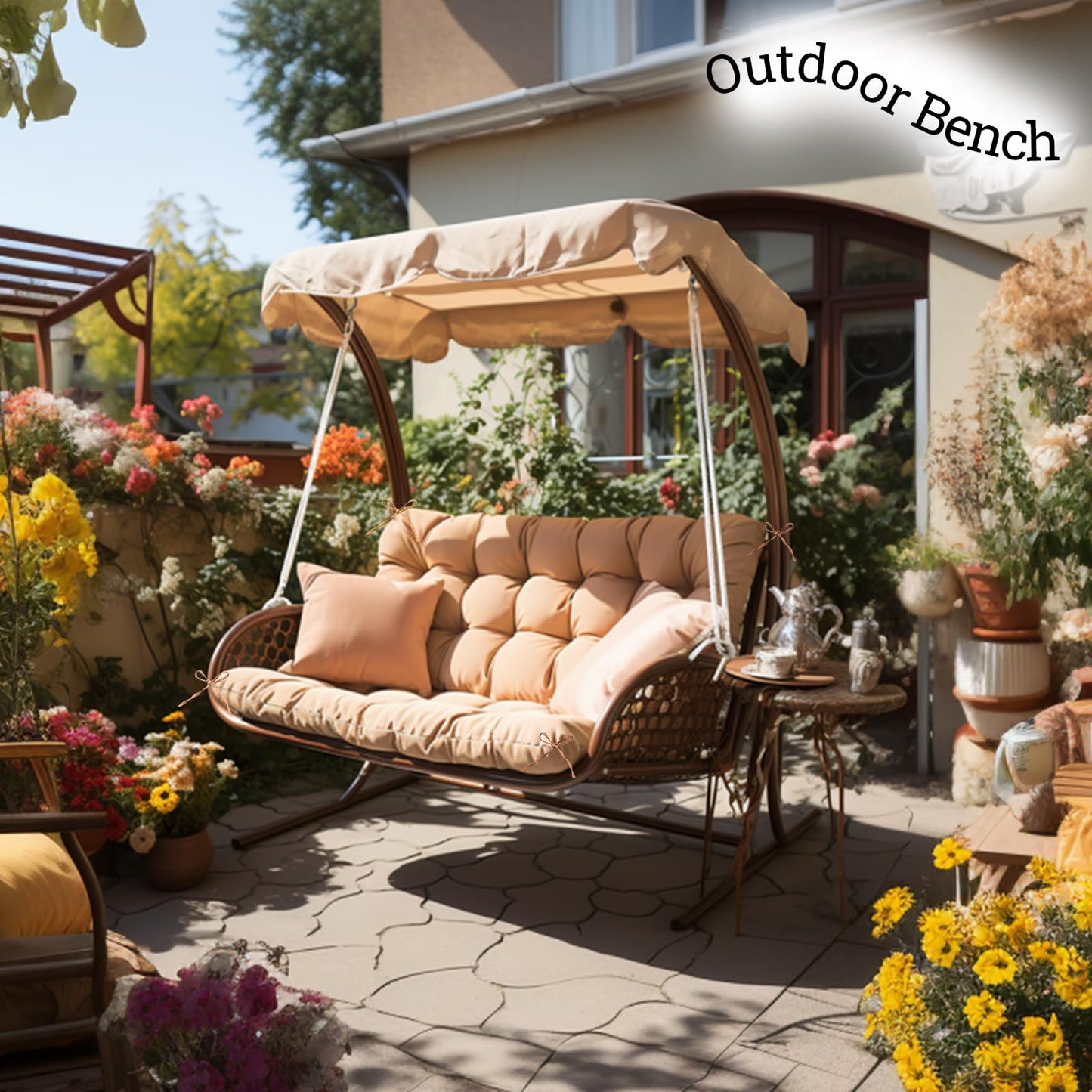 Matalde Outdoor Cushions for Patio Furniture, Patio Furniture Cushions with backrest and Straps, Khaki, 60x40 inches, 4" Thick,Porch Swing Cushions for Lawn, Backyard and Garden