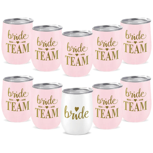 Bride Squad Bachelorette Party Cups 10 Pcs Team Bride Cups Bridesmaid Gifts Tumblers 12 Oz Insulated Cups with Lid and Straw(Pink)