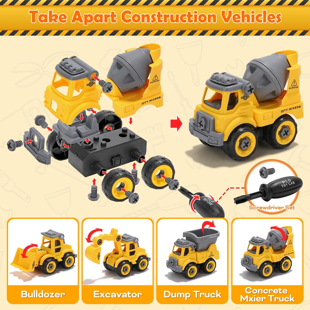 FRUSE Play Construction Sand Kit,Sand Box Toys Set w/1 KG Play Sand,4 Take Apart Construction Trucks,4 Castle Molds,Sandbox with Lid,Sensory Toys for Kisd Boys Girls Age 3-8