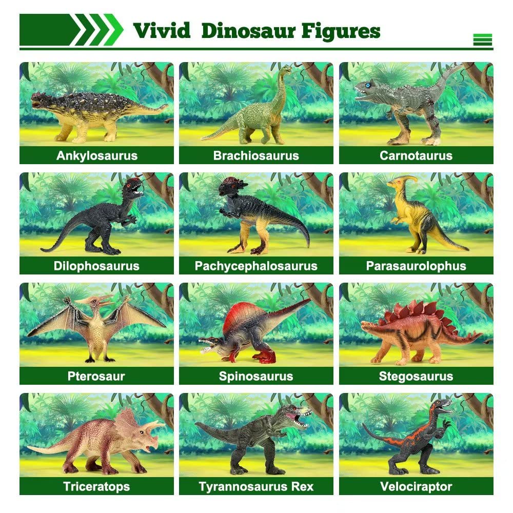 FRUSE Jurassic Dinosaur Toys,12 PCS Realistic Jumbo Dinosaur Figurines,Educational Dino Figure Playset w/Information Dino Book Easter Day Toy for Kids