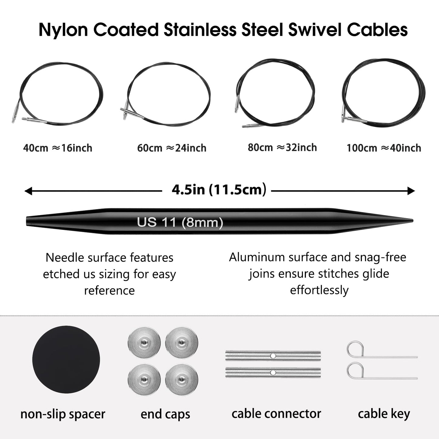 Guclud 4.5-inch Interchangeable Circular Knitting Needles Set | US 2.5-11 (3.0-8.0mm) | Includes 10 Pairs of Metal Circular Needles | 4 Cables (16", 24", 32", and 40"), Accessories & Case (Black)