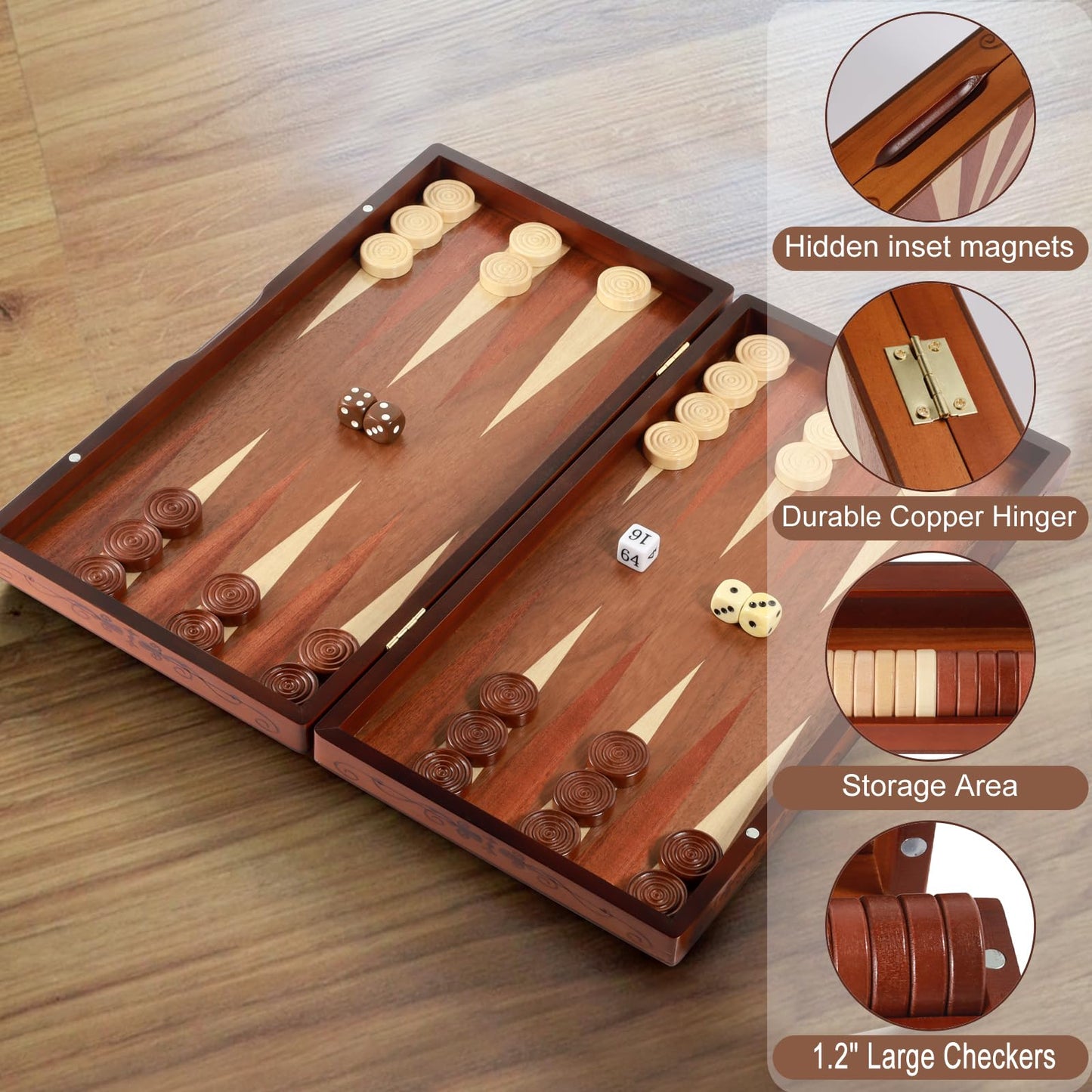Syrace Handcrafted Wooden Backgammon Set, 16" Large Size, Classic Two-Player Strategy Board，Premium Travel Game Board for Adults & Kids