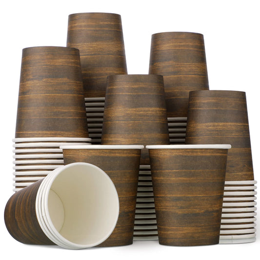 100 Pieces 9 Oz Rustic Wood Disposable Coffee Paper Cups Hot Cold Drinks Cups Vintage Party Supplies Farmhouse Style Decorations for Western Themed Birthday Camping Baby Shower Party