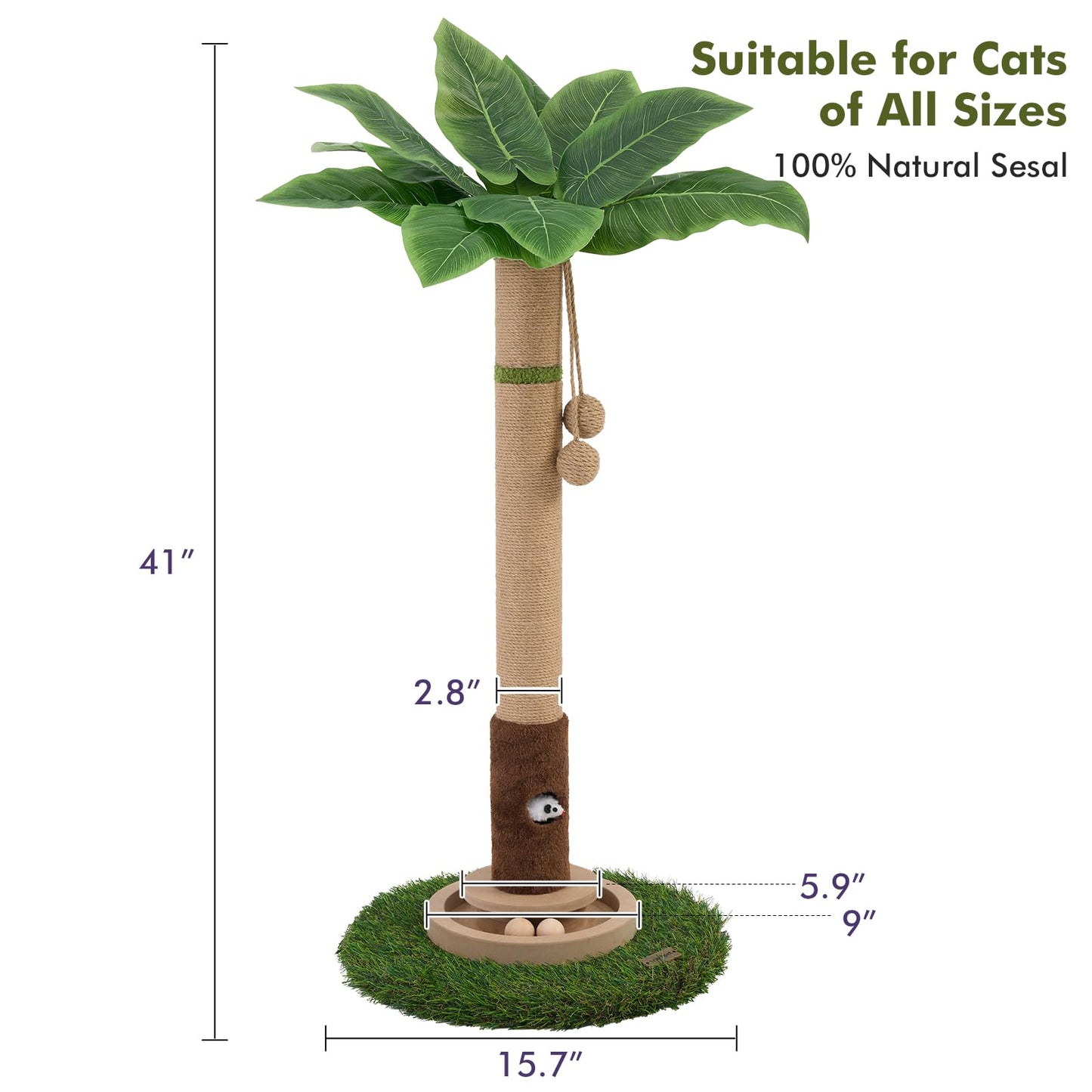 Cat Scratching Post, 35.4 Inch Tall Cat Scratching Post for Indoor Cats with Cat Toy, Mouse Hole and Interactive Wooden Ball for Kittens, Adults, Cats