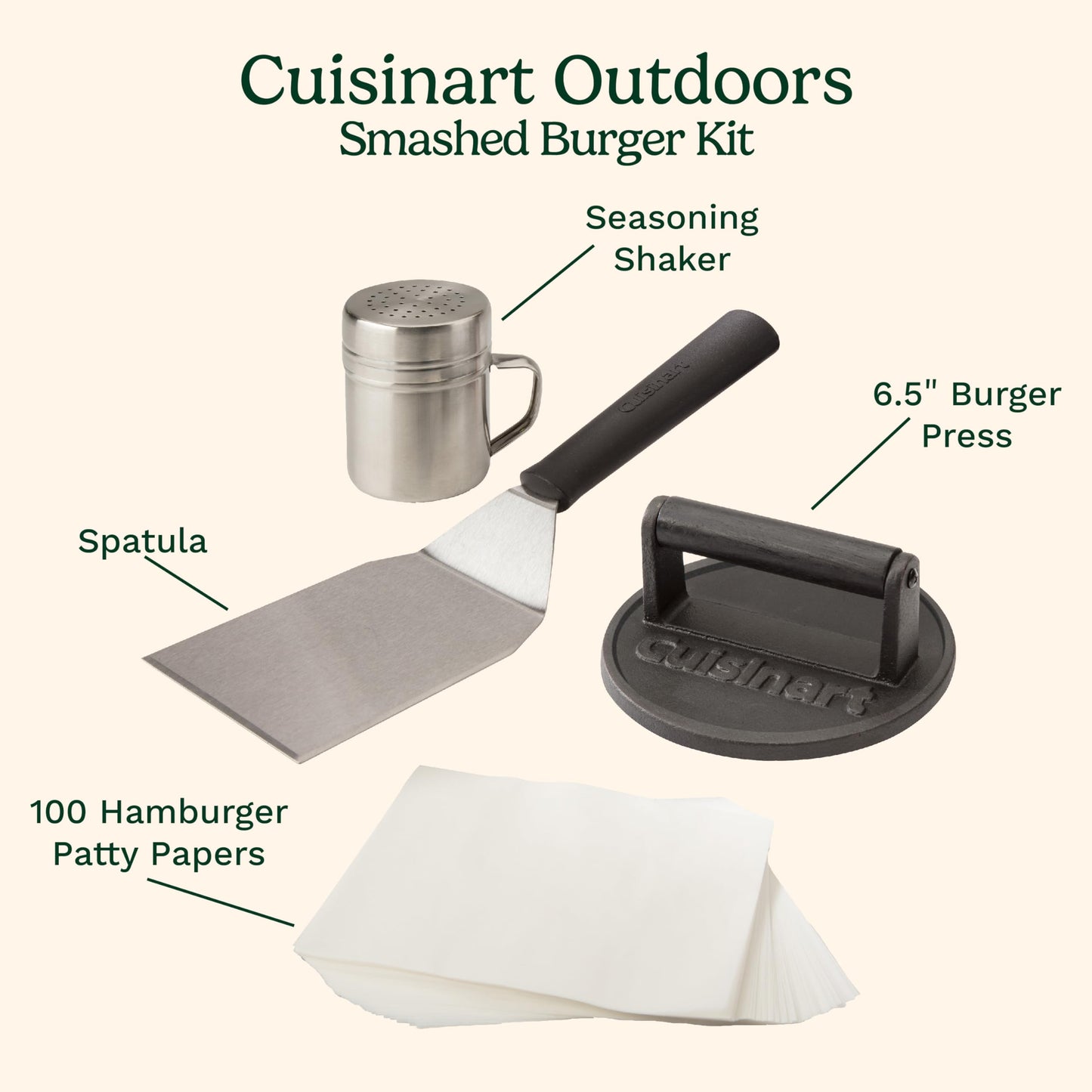 Cuisinart Smash Burger Kit with Cast Iron Burger Press, Spatula, Seasoning Shaker and Patty Papers (CSBK-400C)