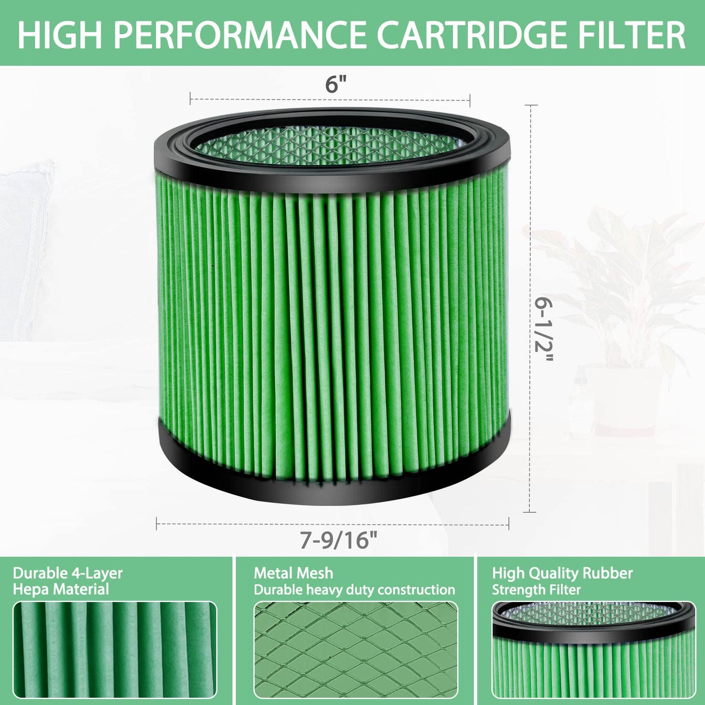 Shop-Vac Replacement Cartridge Filter 90304/90344, Fits Most 5–16 Gallon Shop-Vac Wet/Dry Vacuums, High Efficiency, Washable & Reusable, 1 Pack, Green
