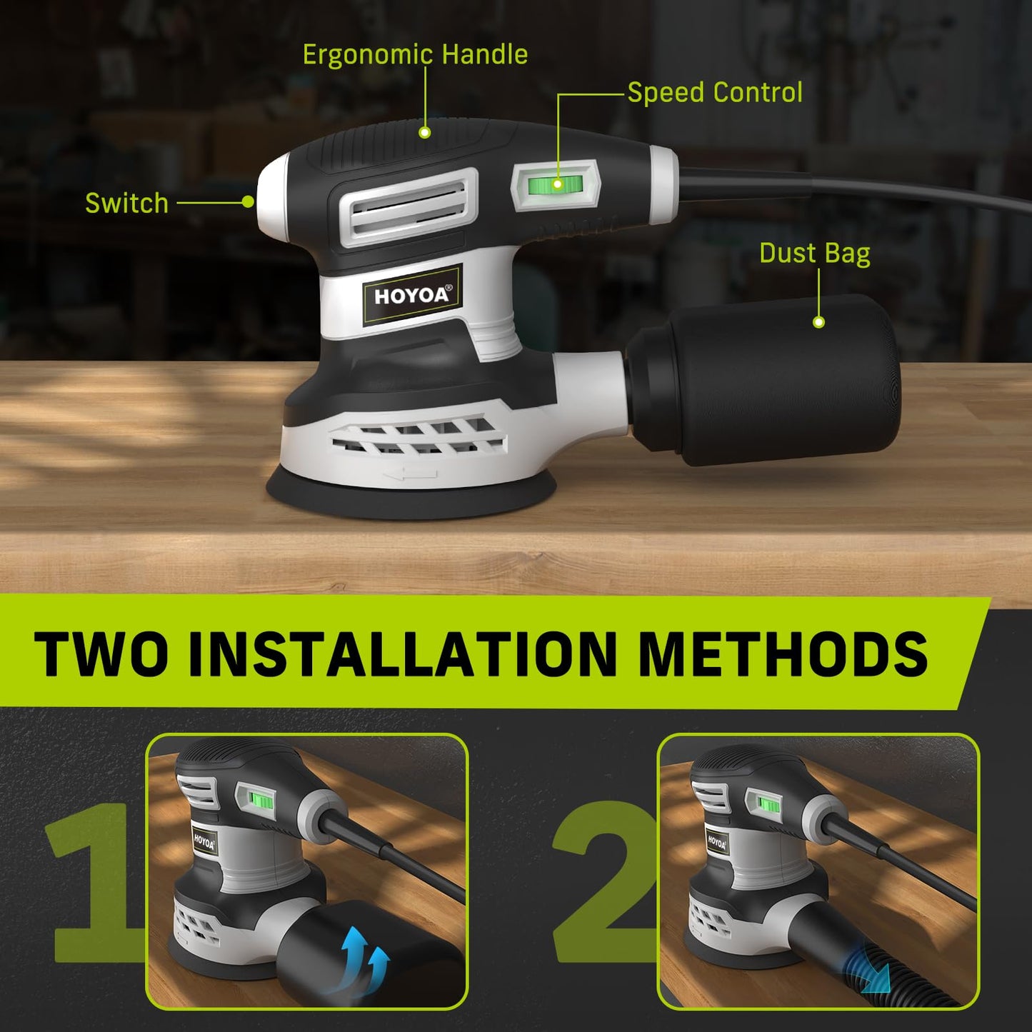 HOYOA Random Orbital Sander for Wood 3.0Amp 5 inch, 6 Variable Speeds, 14000RPM Palm Sander with 15 Sandpapers, Dust Collector, Electric Sanders Machine for Woodworking, DIY, Furniture Sanding