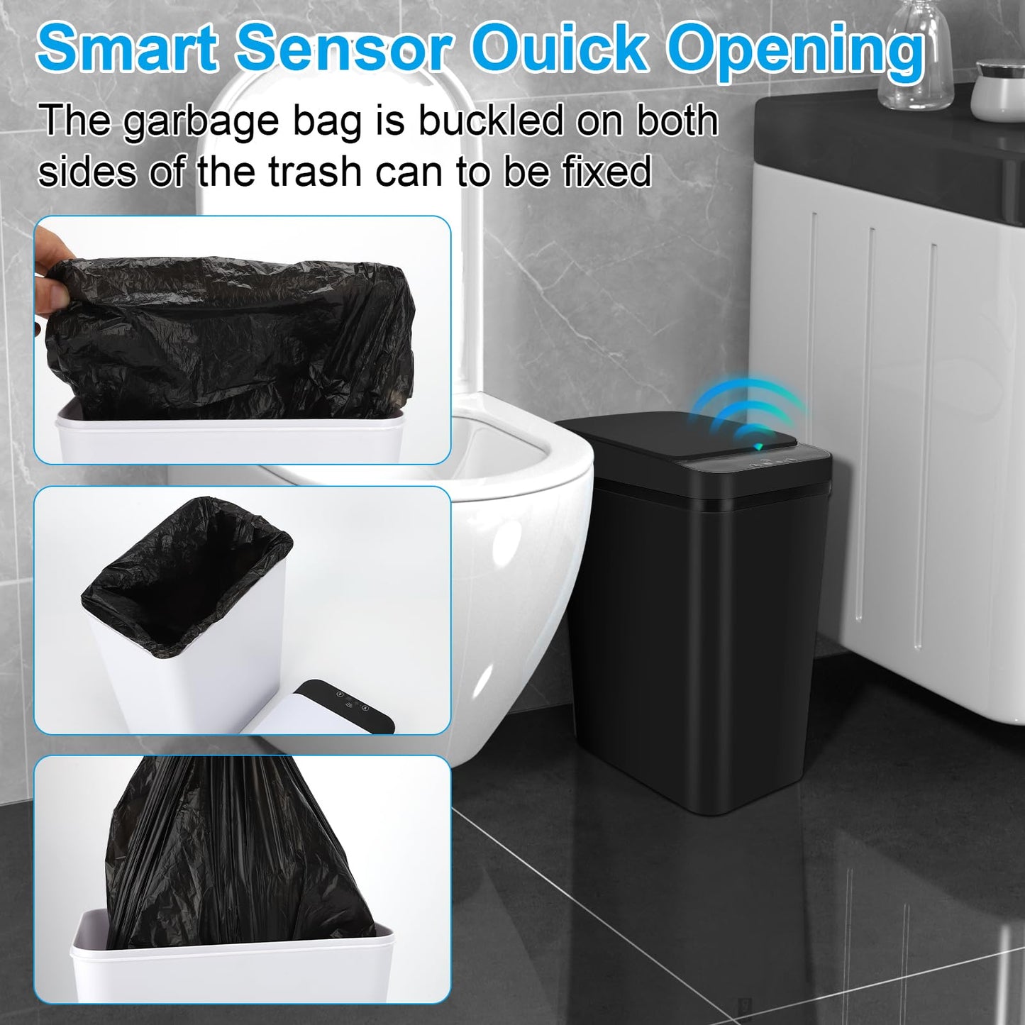 QSFWCSM 2 Pack Bathroom Trash can,Smart Touchless Trash Can,Automatic Motion Sensor Trash Bin with Lid,2.4 Gallon Garbage Can, Kitchen, Bathroom, Office, Bedroom Trash can (Black+Black)