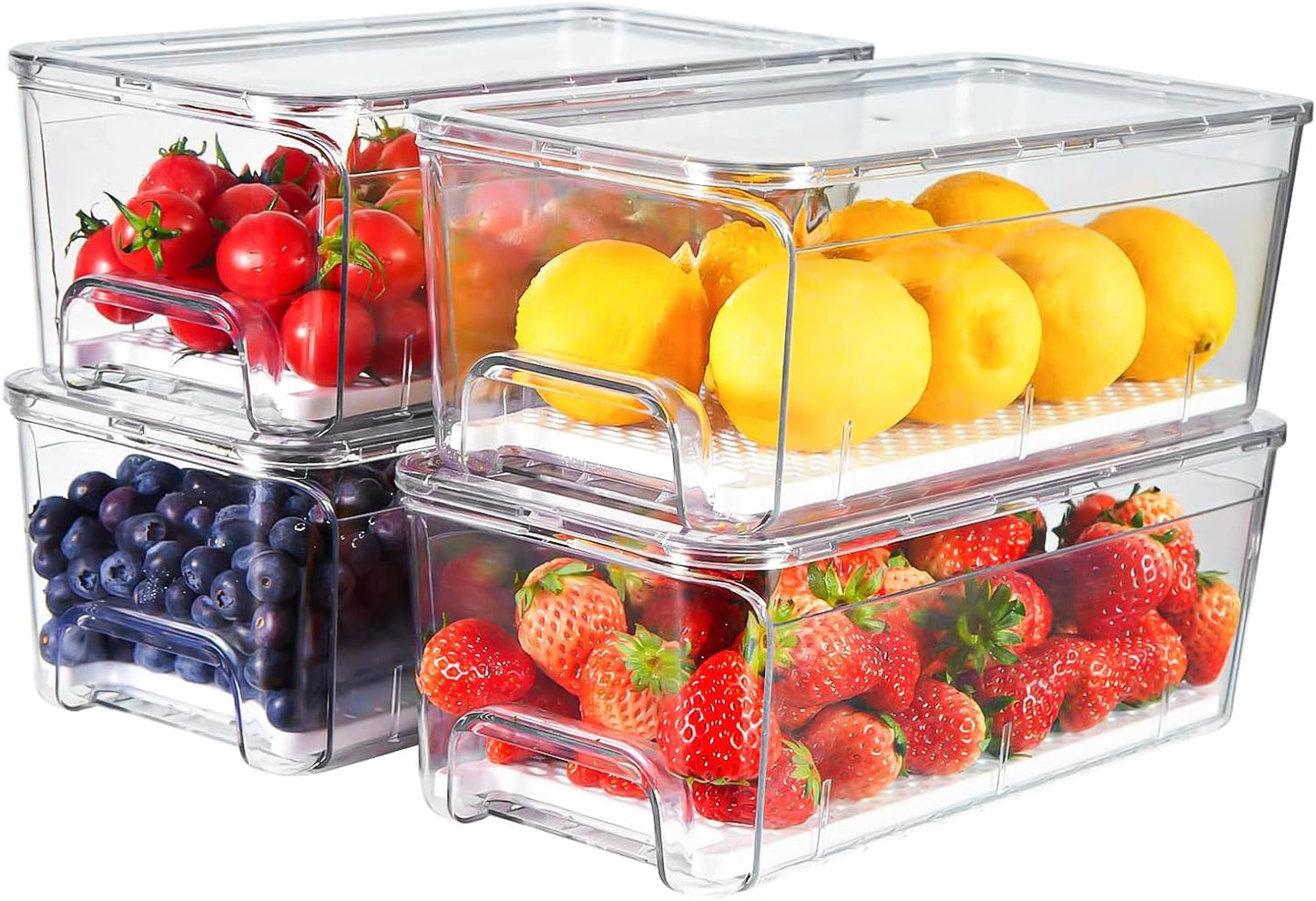 Brippo 4-Pack Refrigerator Drawer Organizer Bins, Clear Stackable Pull Out Fridge Organizers and Storage Container, Fridge Drawers with Strainer Layer for Fruits, Vegetables and Drinks