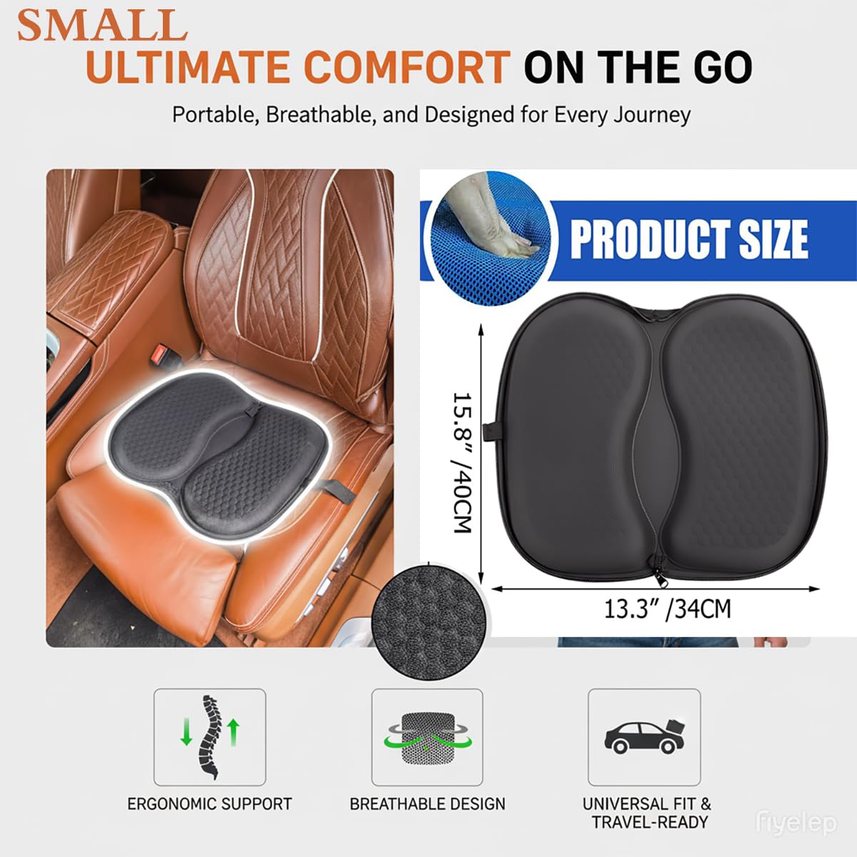 Foldable Honeycomb Seat Cushion with Zipper & Handle, Portable Gel Seat Cushion with Ventilative Cover & Anti-Skid Bottom, Portabl Cushion for Travel 15.8x13.3x1.4 Inches (Black)