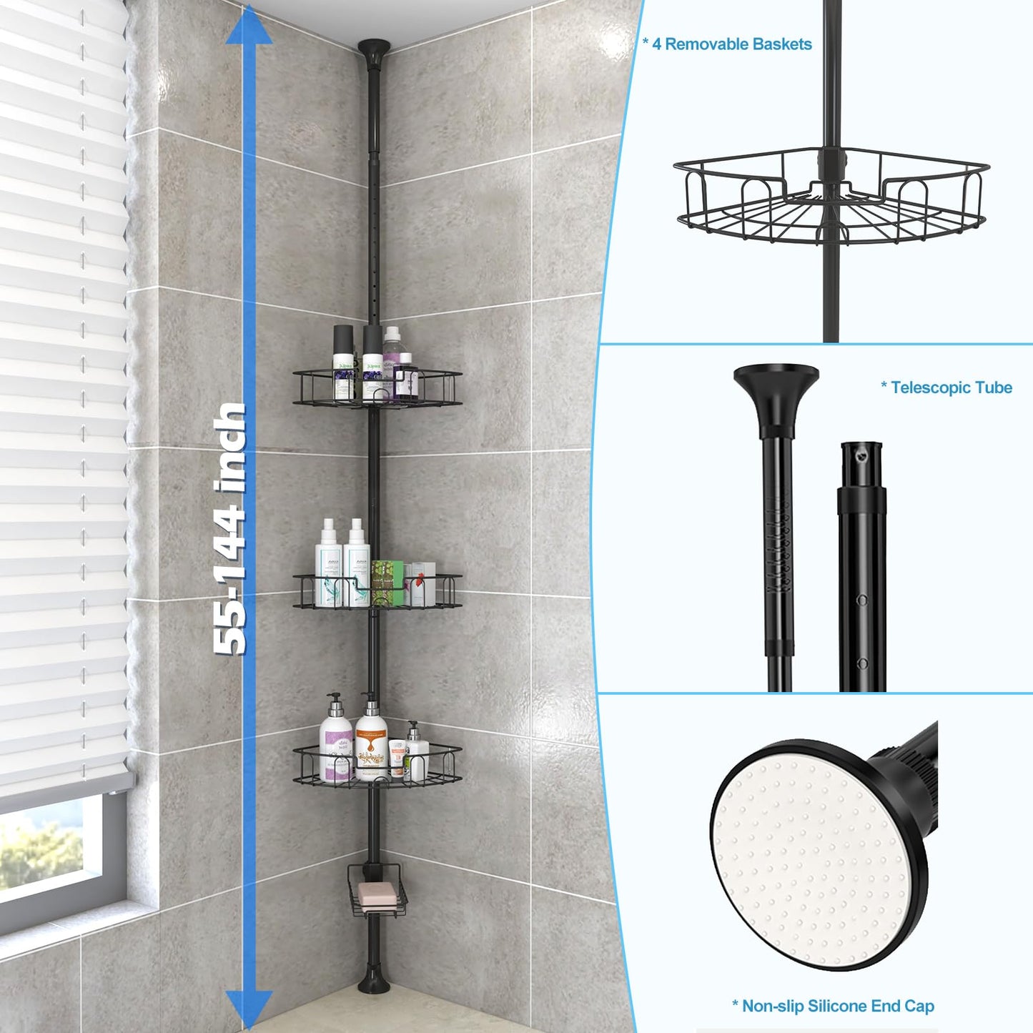 Corner Shower Caddy, Adjustable 4 Layer Shower Organizer, Tension Pole Extend from 39 to 125 Inch Shower Shelf for Inside Shower Black