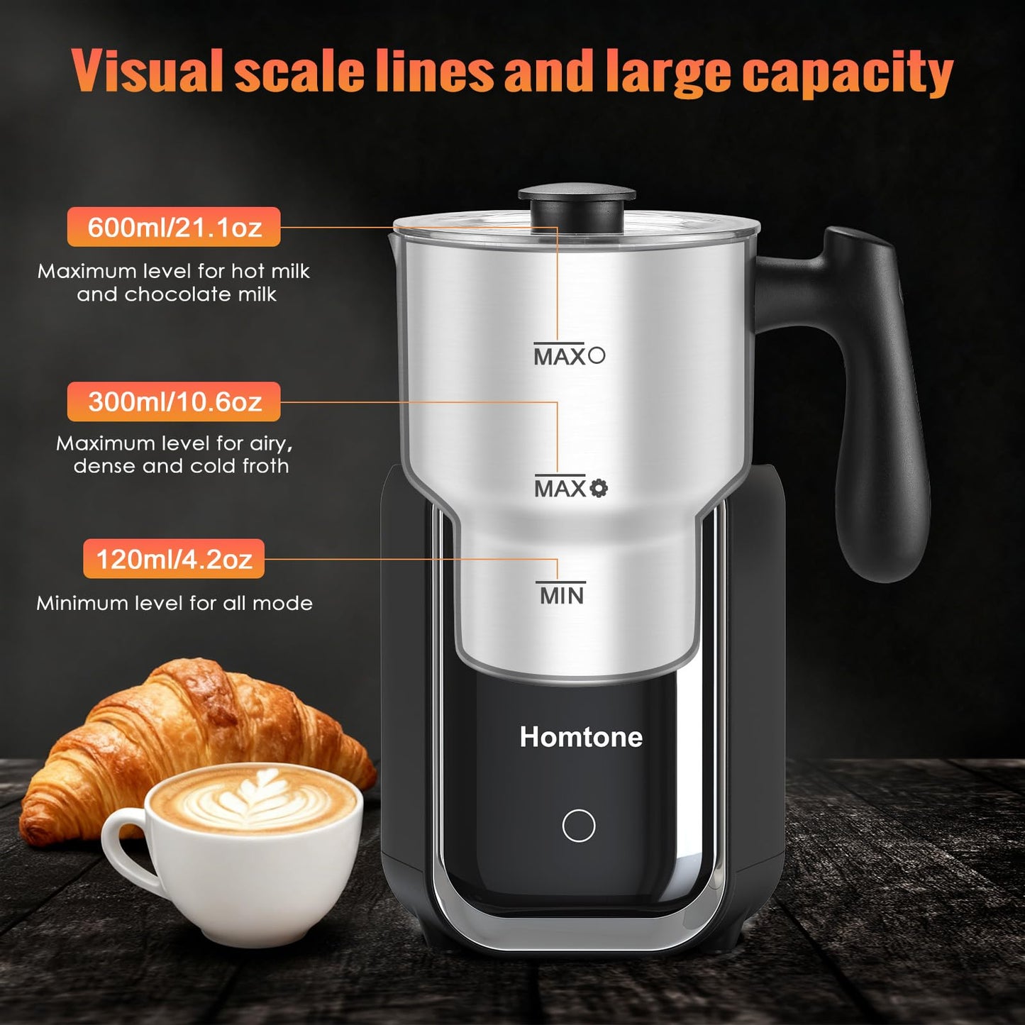 Homtone 5-in-1 Electric Milk Frother and Steamer, 21 oz Induction Milk Frother, Removable Stainless Steel Automatic Milk Steamer for Latte, Hot Chocolate Milk, Hot & Cold Foam, Large