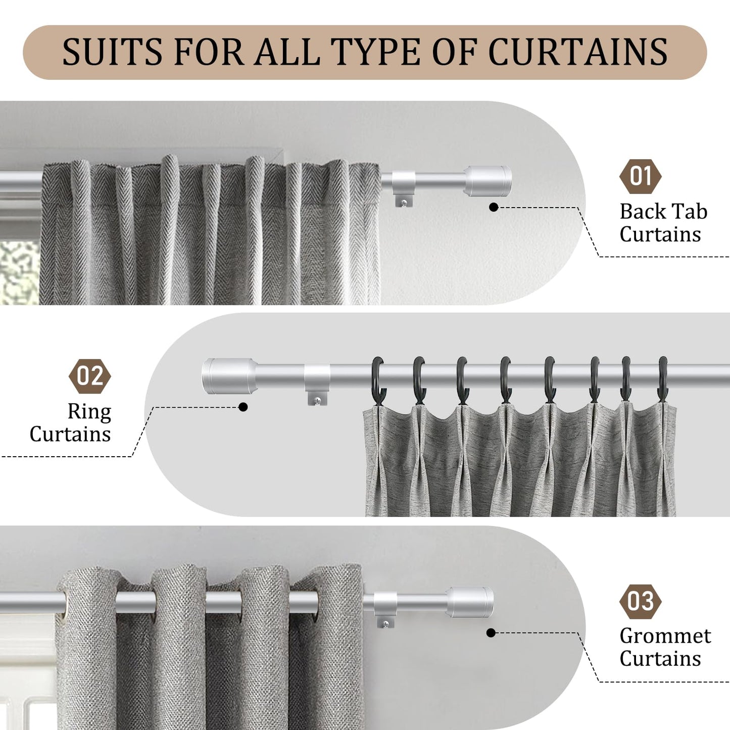 2 pack 1 Inch Diameter Curtain Rod for Windows 84-120 Inch Extra Long Silver Curtain Rods with Brackets Adjustable Pole Heavy Duty Curtains Rod for Patio Kitchen Bedroom Living Room Outdoor