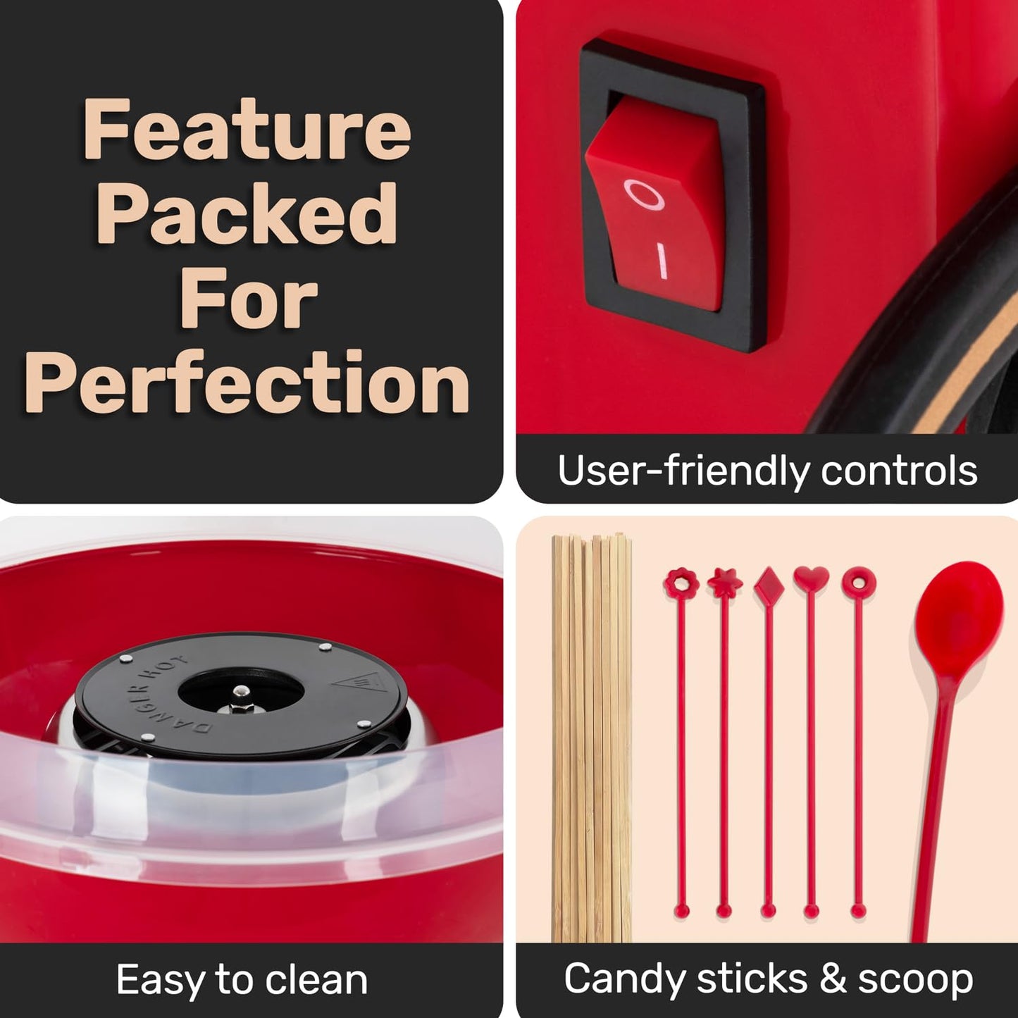VOS Mini Cotton Candy Machine for Kids, Red Retro Sugar Candy Maker, Cotton Candy Maker Machine Kit: includes 15 Candy Sticks & 1 Sugar Scoop – Ideal for Home Use, Small Parties & Intimate Gatherings