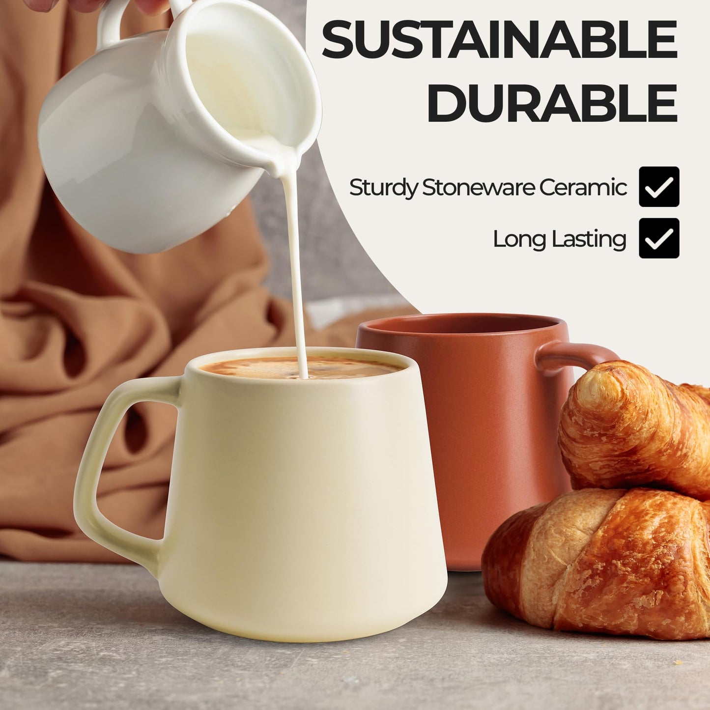 MIAMIO - Coffee Mugs Set of 4 / Large Ceramic Coffee Cups (420 ml) - Mug for Cappuccino, Tea, Espresso - Microwave and Dishwasher Safe - Luxe Collection (Beige Pastel)