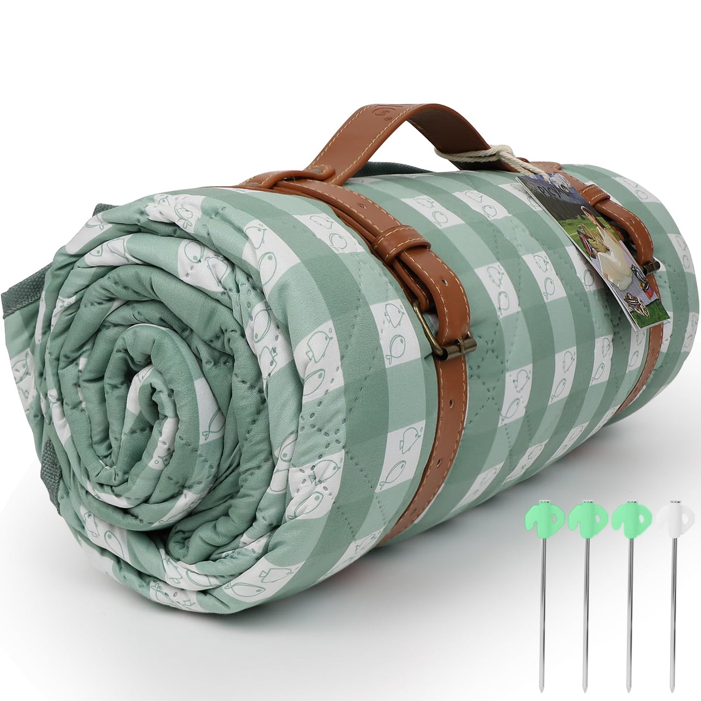 Waterproof 80"X80" Picnic Blankets Thick Outdoor Picnic Mat with 4 Luminous Stakes Foldable Camping Blanket Portable with Carry Strap for Beach Park Grass Park Hiking