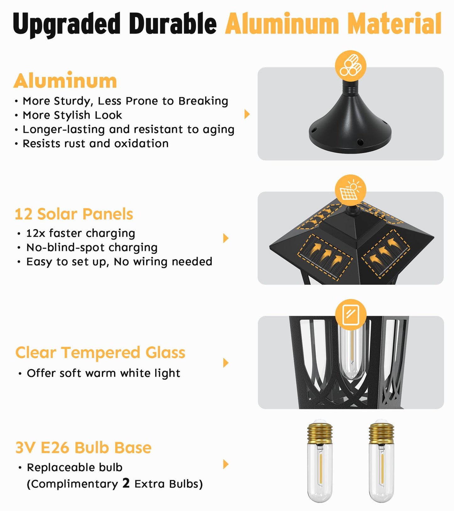 73" Aluminum Solar Lamp Post Light, 3-Head Solar Light Posts for Outside Waterproof, 90Lm Outdoor Lamps for Patio, Backyard, Front Porch Decor, Warm White, Replaceable Bulb