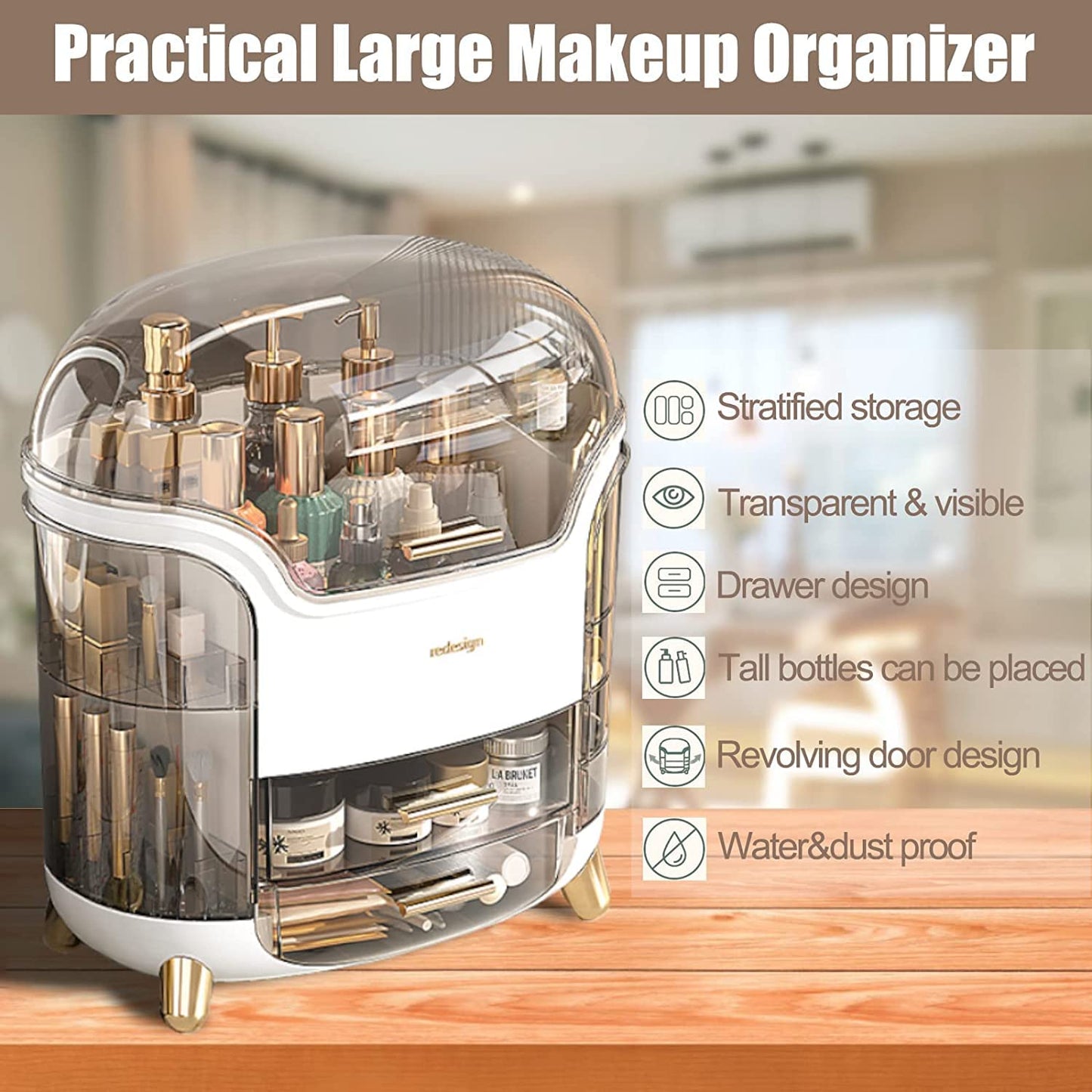 Makeup Storage Organizer,Cosmetics Display Case with Lid,Lipstick Organizer and Transparent Cover,Large Skincare Organizers for Bathroom Countertop,Bedroom Vanity Desk