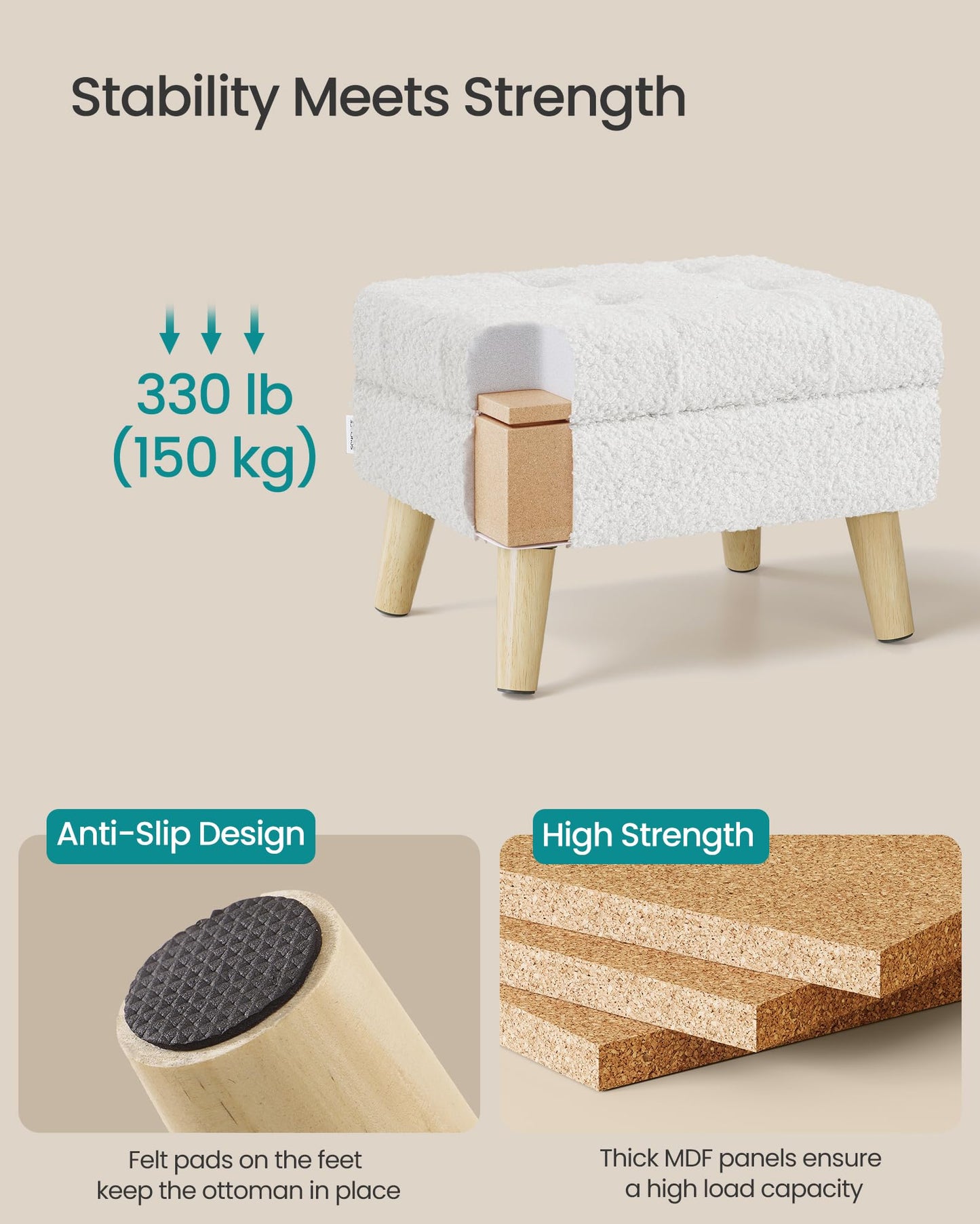 SONGMICS Storage Ottoman, Foot Stool, Ottoman with Padded Seat, Foot Rest with Wood Legs, Small Table, for Hallway, Living Room, 30 x 40 x 30 cm, Teddy Fleece, Cream White ULOM518WD01