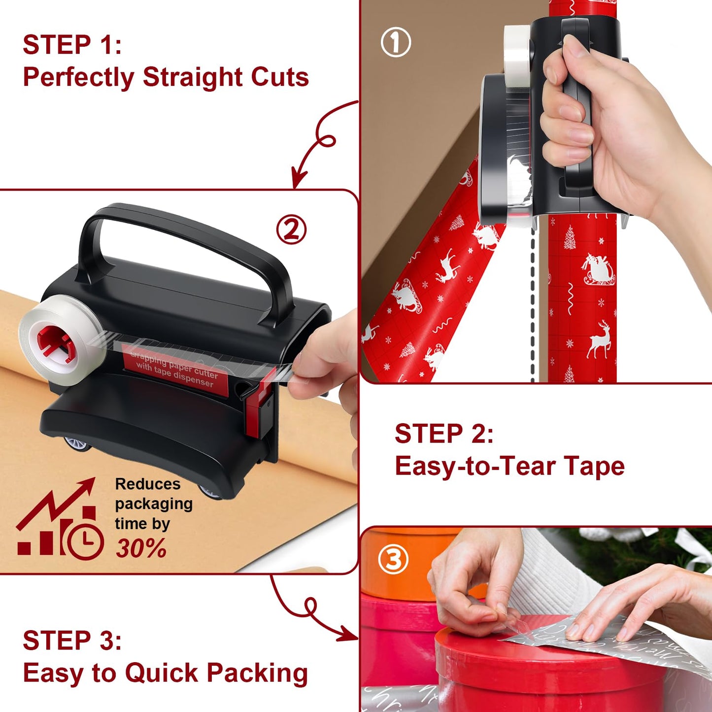 (2-Pack) Wheel Wrapping Paper Cutter & Tape Dispenser Dual Use-4 Tapes,2 Replace Blades-Christmas Gift Wrap Tool, Paper Roll Slicer,Sliding Straight Cut for Birthday Gift Wrap Cutter-Efficient Packag
