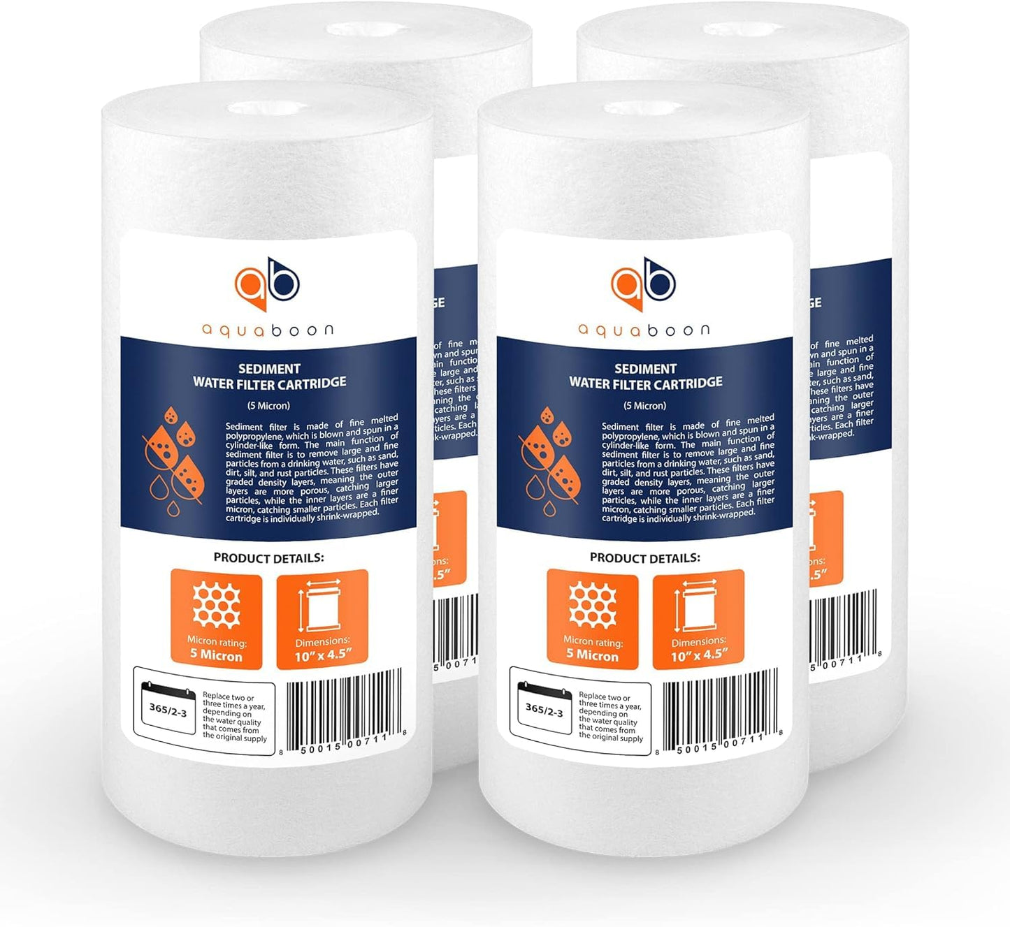 Aquaboon 5 Micron 10 x 4.5 Well Water Sediment Filter Replacement Whole House Water Filter Cartridge Compatible with DGD-5005, WFHD13001B, 4-Pack