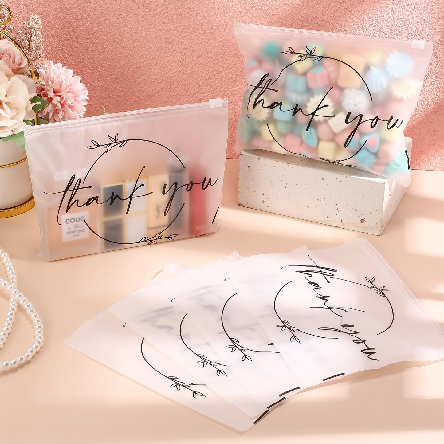 Ireer 100 Pcs Thank You Gift Makeup Bags EVA Clear Cosmetic Bag with Zipper Mini Makeup Thank You Toiletry Cosmetics Bulk Gifts for Women Birthday Daughter Sister(Clear)
