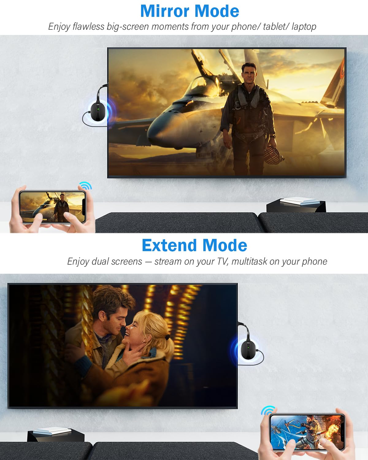 AIMIBO 4K Wireless Display Adapter 5G for Smartphone Tablet Laptop to HDTV Monitor Projector - 3 Mirroring Ways, Wireless & Wired HDMI Dongle for iOS Android Windows Mac Support Airplay DLNA Miracast