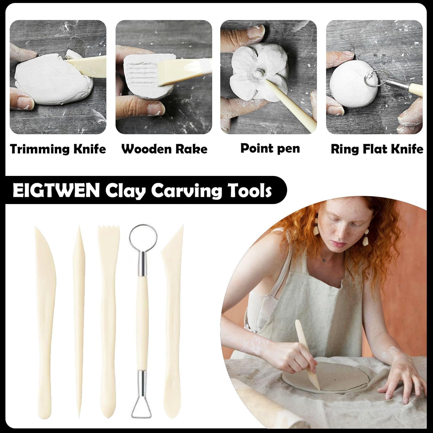 EIGTWEN 100ml Air Dry Clay Glaze and 29pcs Clay Tools Kit, Gloss Airdry Varnish Protects Pottery from Surface Wear, Pottery Tools Can be Used for Stippling, Carving, Molding(Gloss)