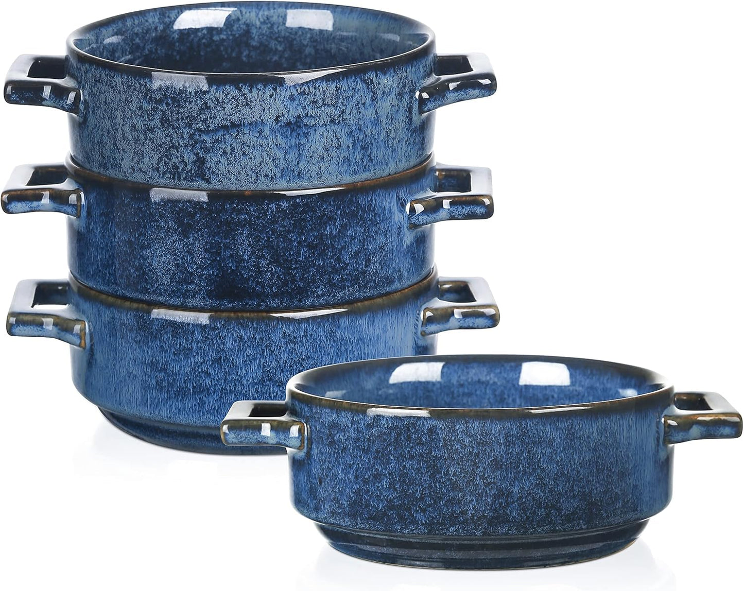 Vicrays Ceramic Soup Bowls with Handles, 24 Oz Porcelain Soup Bowls for French Onion Soup, Cereal, Beef Stew, Chill, Pasta, Pot Pies, Microwave and Oven Safe, Set of 4 (Blue)