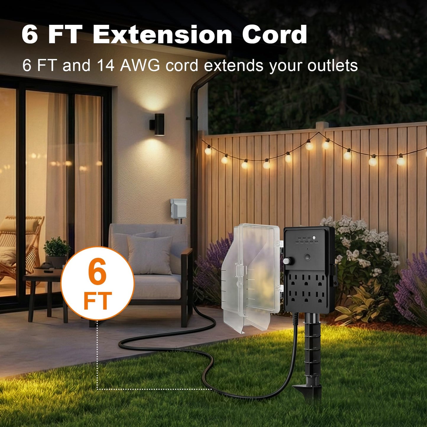 SURAIELEC Outdoor Power Stake Timer, Dusk to Dawn Light Timer, 6 Outlet Power Strip Weatherproof, 6FT Extension Cord Multiple Outlet, Solar Plug Splitter for Christmas Lights, Holiday Decoration