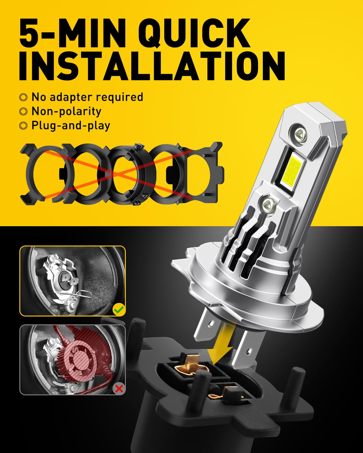 AUXITO 2025 Upgraded H7 LED Headlight Bulbs, 700% Brighter, 6500K White, Wireless 1:1 Mini Size H7ll Headlight LED Bulb, No Adapter Required, Non-Polarity, Plug and Play, Pack of 2