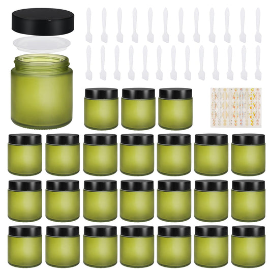 25 Pcs Glass Jars 4 oz Leakproof Round Cosmetic Containers with 25 facial mask spoons Refillable Cosmetic Jar for Lotion Ointments Creams Essential Oil Powder Liquid Food Storage Kitchen(Pea Green)