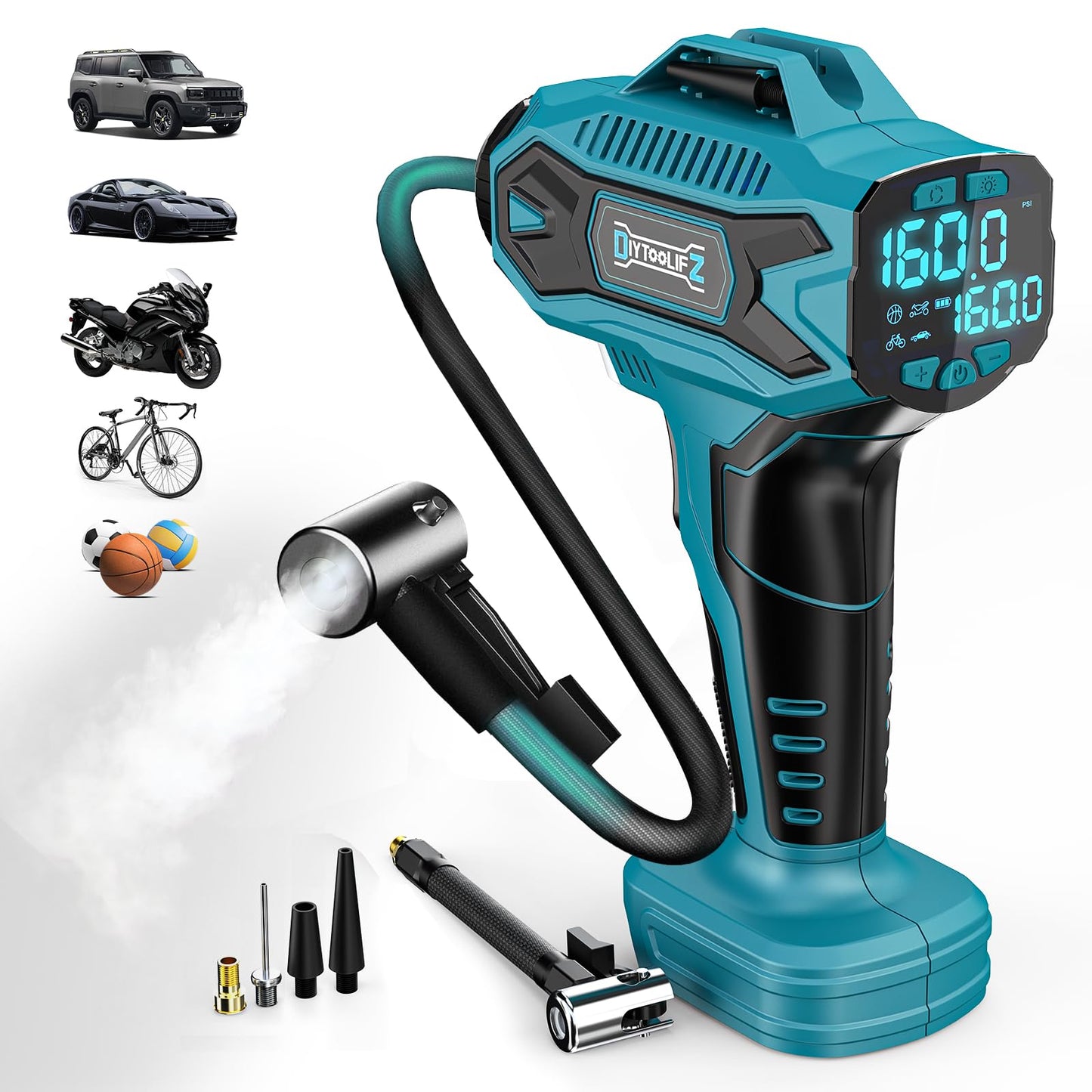 DIYtoolifz Tire Inflator Compatible with Makita 18V Air Compressor Cordless, 160PSI Portable Handheld Air Pump with Digital Pressure Gauge, Fast Inflation for Cars, Motorcycles, Bikes