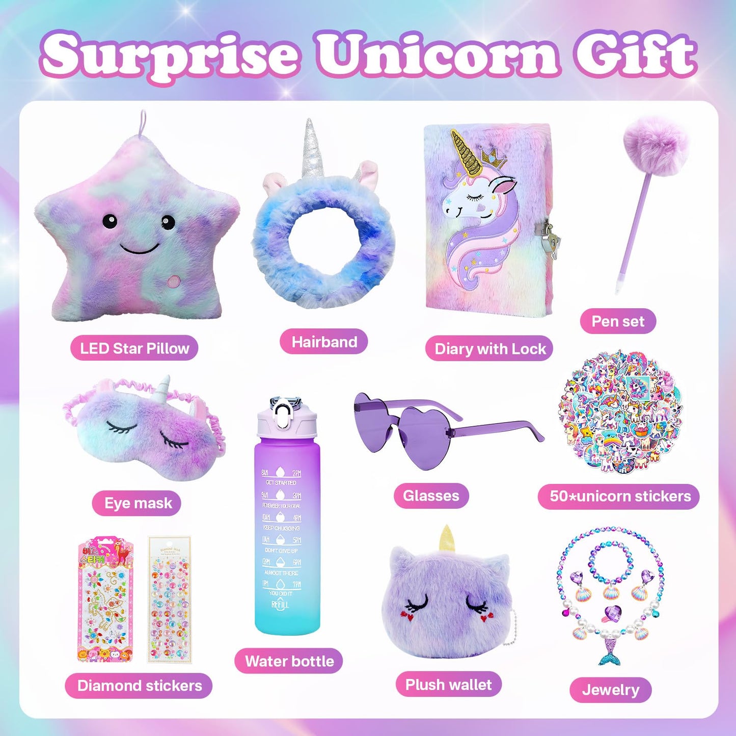 64pcs Unicorn Gifts Toys for Girls Kids Toys 5 6 7 8 9 10+ Years Old Halloween Thanksgiving Christmas Birthday Gifts Box with Star Light Up Pillow Stuffed Diary with Lock Headband Water Bottle sticker