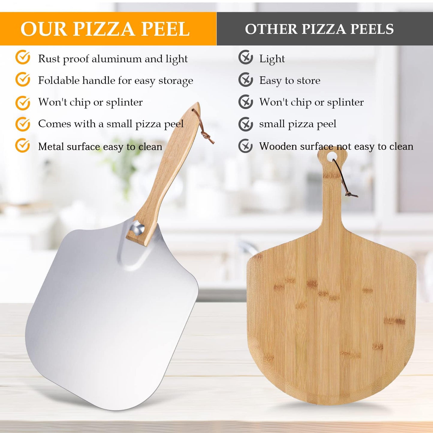 Ninonly Aluminum Pizza Peel 12" x 14" Pizza Paddle with Foldable Wood Handle, Metal Pizza Spatula with Rocker Cutter for Easy Storage&Clean, Pizza Tools for Pizza Oven Baking Pizza Bread Pastry