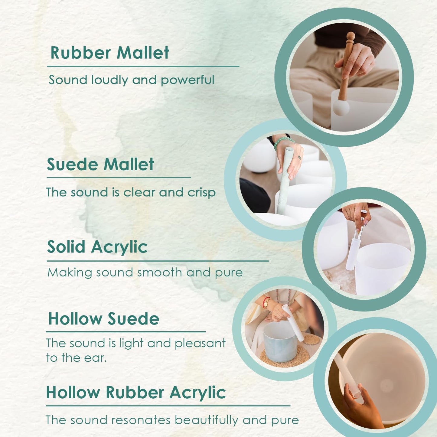 UPCEED 5 Pcs Singing Bowl Mallet Set, Rubber Mallet with Wooden Handle, Acrylic Silicone Rubber Mallet Striker, Handmade Thick Suede Sheepskin Striker for Playing Quartz Crystal Singing Bowls