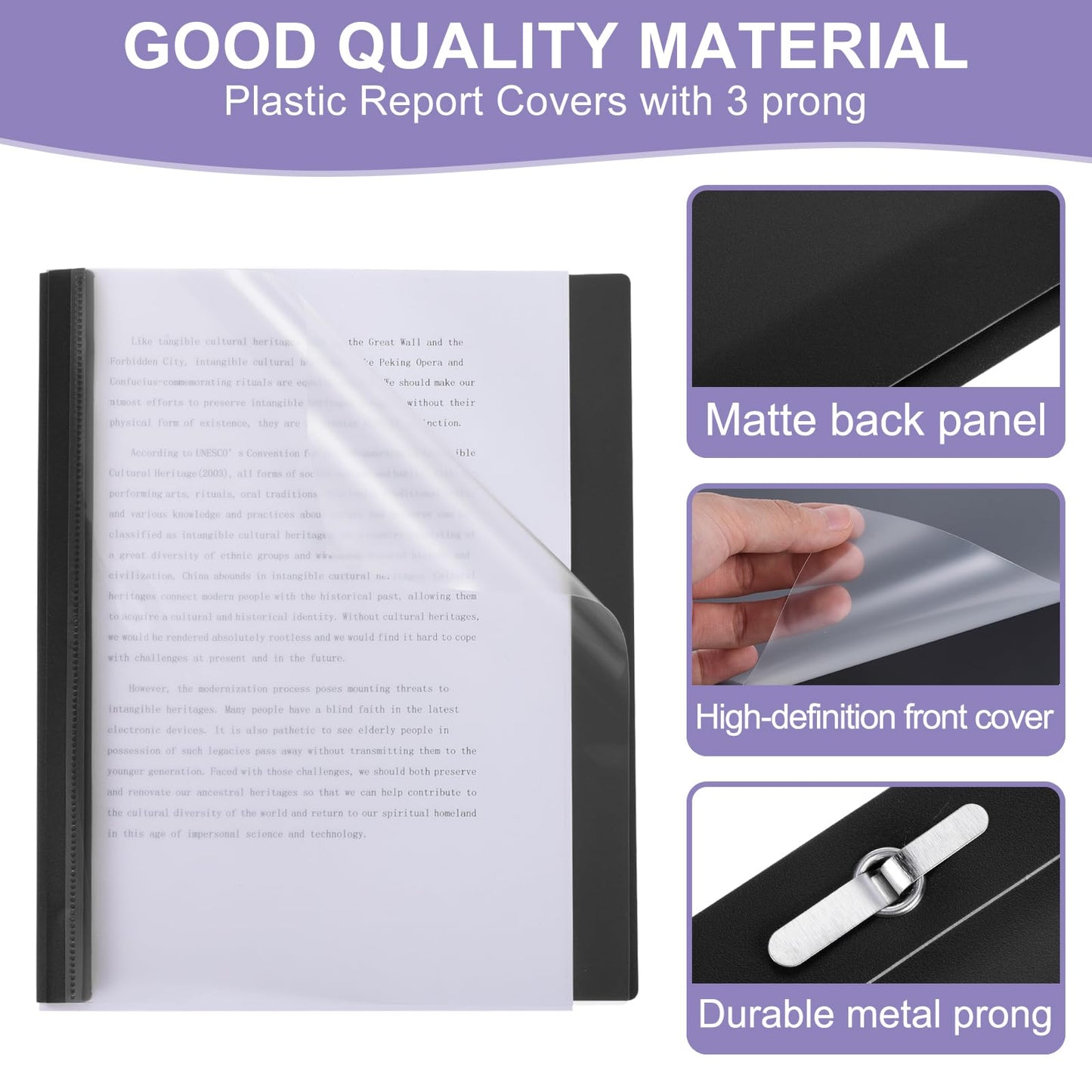 PATIKIL Plastic Report Covers with Prong, 10 Pcs 80 Sheet Capacity Clear Front Presentation Binders with 3 Metal Prong Fasteners Report Folder for Resume Documents Files Letter, Black