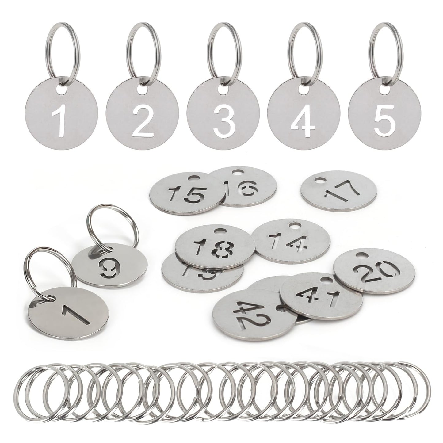 NumRealm Number Labels with Rings, Stainless Steel Numbered Key Tags, Metal Number Tags, Keychain Labels - 1 to 100