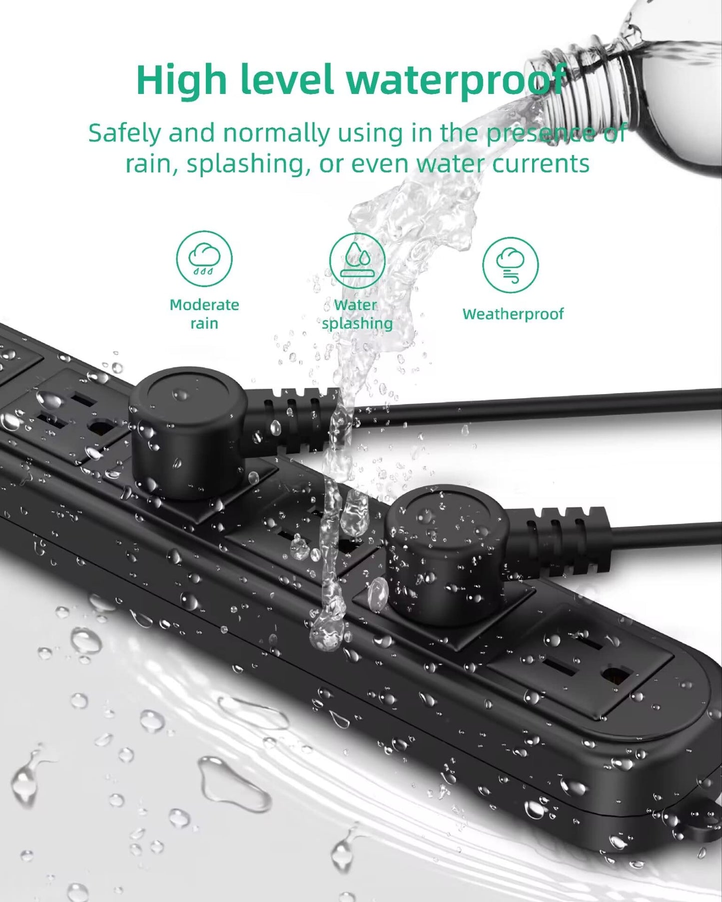 Outdoor Power Bar Waterproof, Weatherproof Surge Protector 6 Outlets, 6 FT Extension Cord, 1875W Overload Protection, Shockproof Outlet, Wall Mountable for Home, Kitchen, Bathroom, Garden, Patio