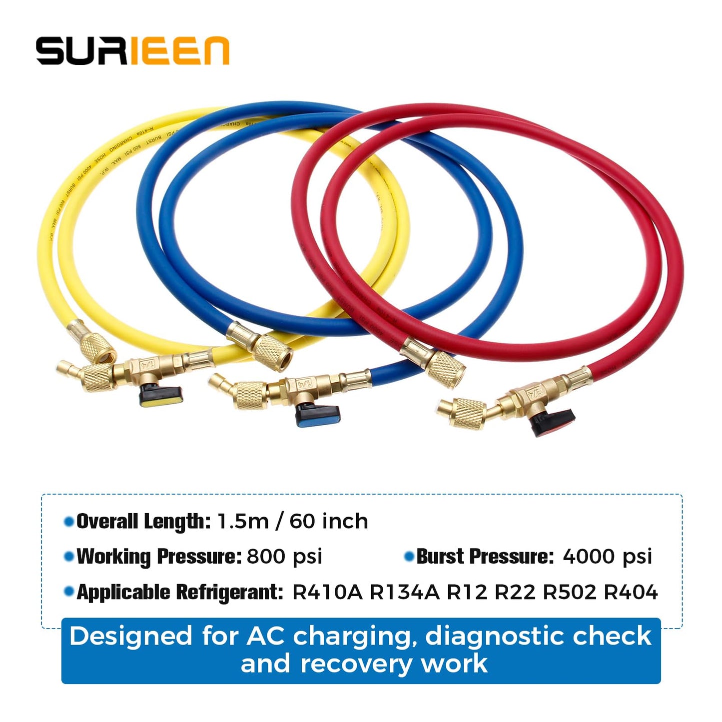 Refrigerant Charging Hose with Ball Valves for R410A R134A R12 R22 R502 R404 Refrigerant Charging Hoses HVAC, 1/4'' SAE HVAC Manifold Hose Set 800 PSI Red/Yellow/Blue (3pcs)