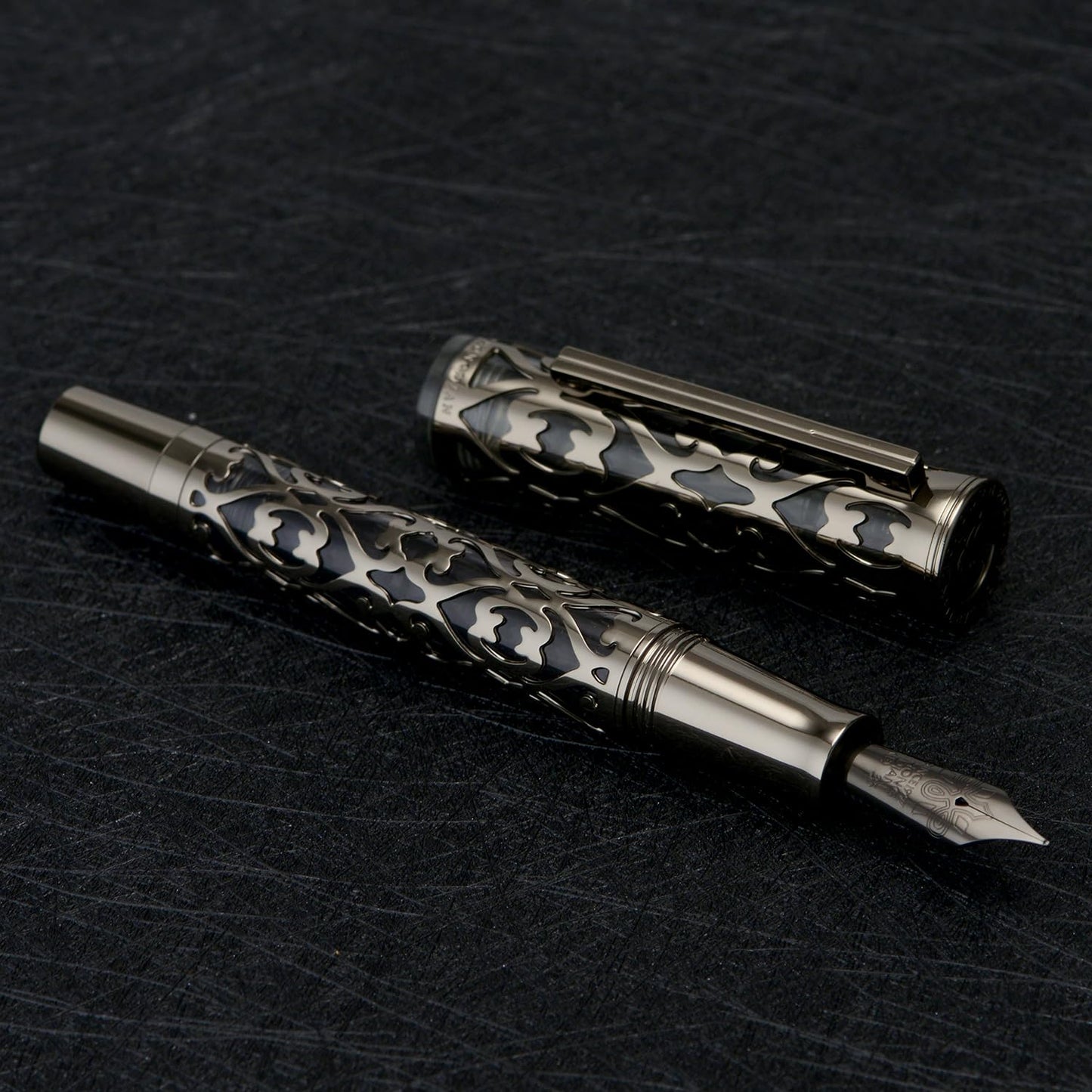 Hongdian D1 Piston Fountain Pen Fine Soft Nib, Jet Black Hollow Skeleton & Resin Pen with Metal Case Set