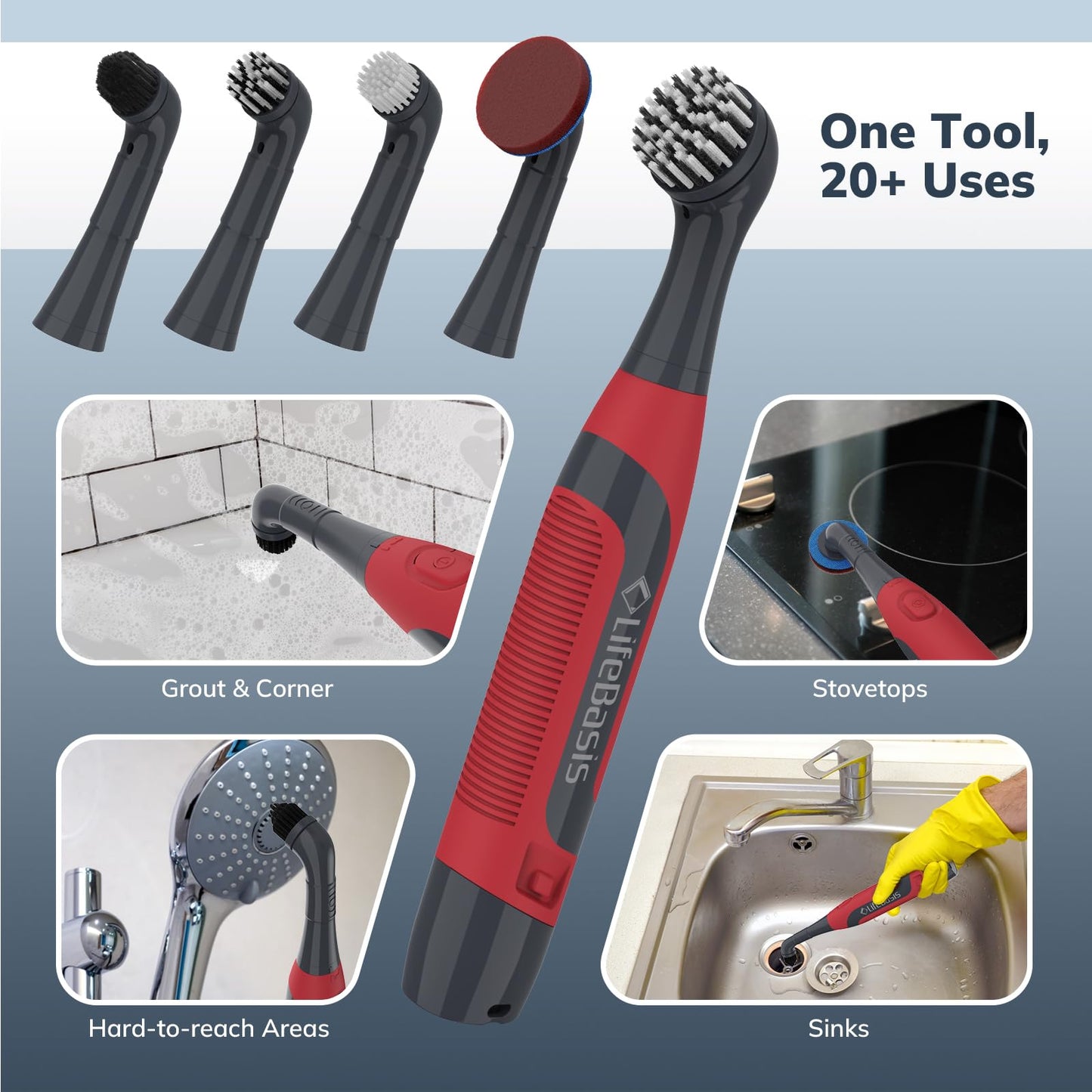 LifeBasis Rechargeable Power Scrubber 11-Piece Kit, Cordless Electric Cleaning Brush, IPX7 Waterproof Electric Grout Brush for Home, Kitchen, Bathroom, Grout, Tile, Shower, Tub, Red