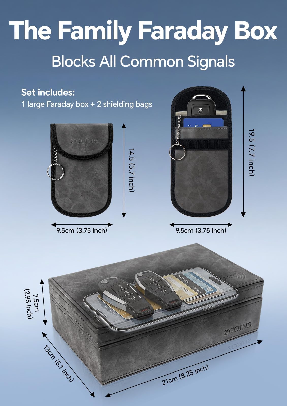 ZCOINS Faraday Box & 2 Dual-Layer Pouches Value Bundle, Car Key Signal Blocker Box, Keyless Entry RFID Blocking Set, Protects Any Car Key with Industry Leading Faraday Protection