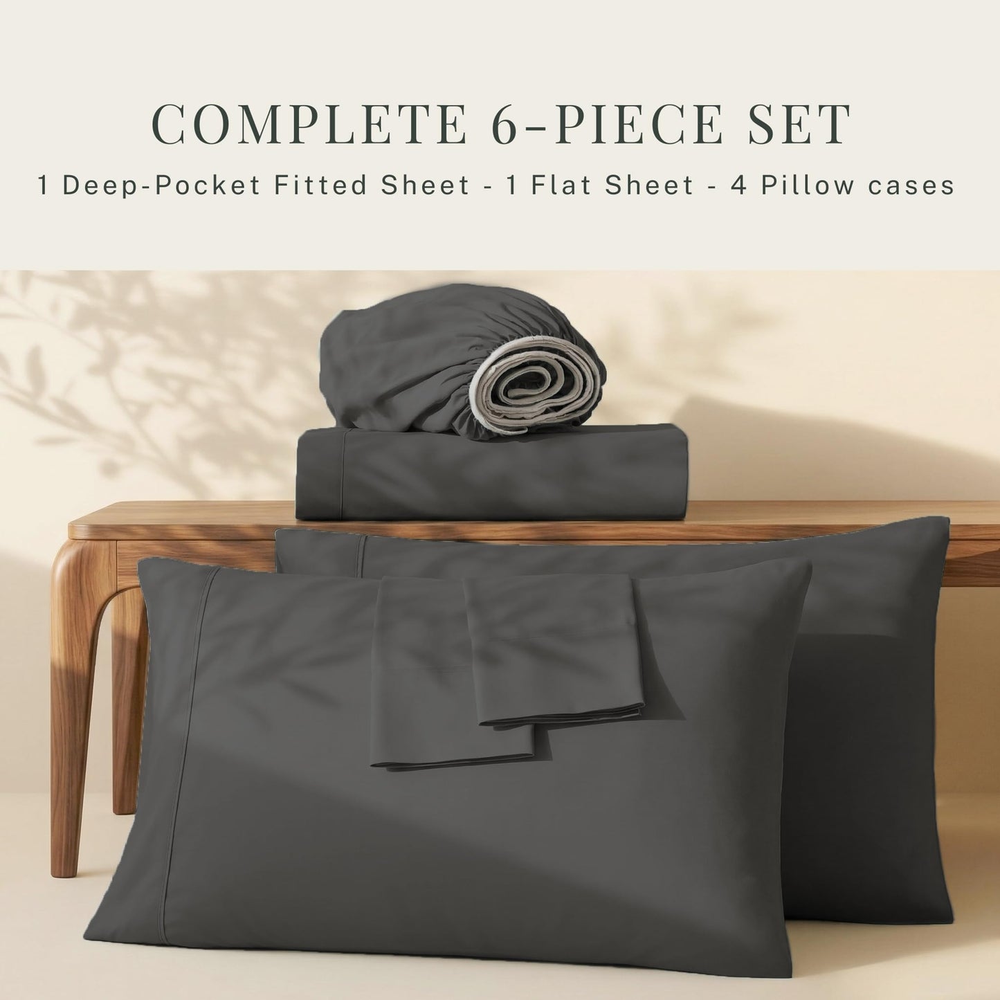 Hearth & Harbor Extra Deep Pocket King Size Sets - Fits Mattress 18-24 Inches Deep - Extra Deep Pocket Sheets - 6 Piece King Size - King - Grey Sheets