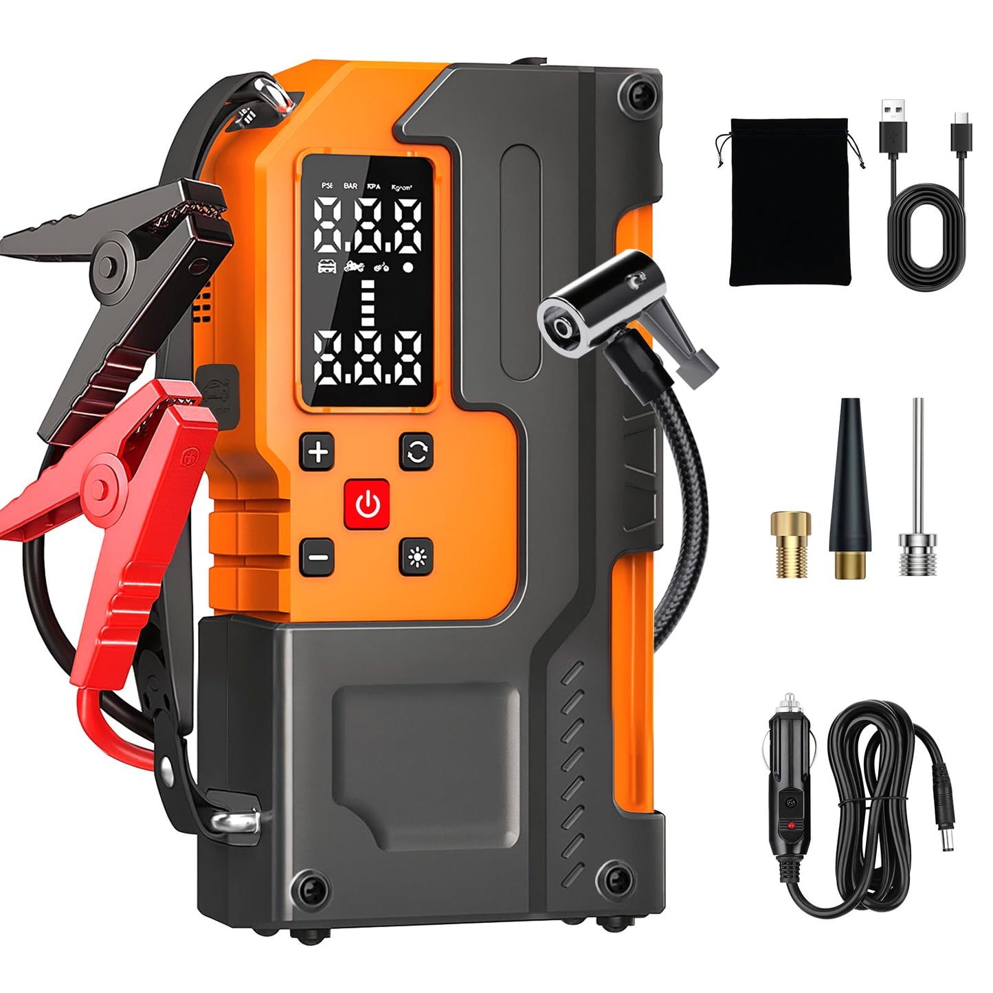 Jump Starter with Air Compressor 2000A, 10000mAh&150PSI Car Battery Jumper Starter Portable, 12V Battery Pack Jump Box (9L Gas/7L Diesel Engine) with Boost, Light and Jumper Cables(Orange)