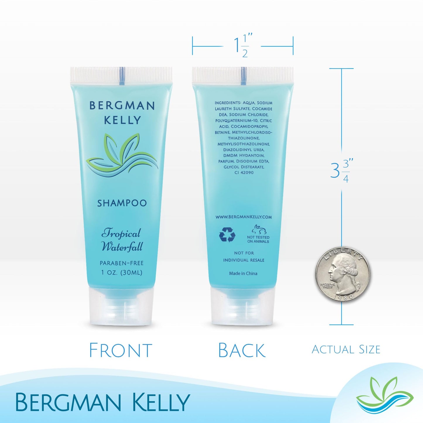 Bergman Kelly - Hotel Toiletries Bundle - Tropical Waterfall, 30 ml ea, 125 Pcs - 5-Piece Set: 25 Round Bar Soap, 25 Shampoo, 25 Conditioner, 25 Body Lotion & 25 Body Wash - Bulk Mini Guest Amenities
